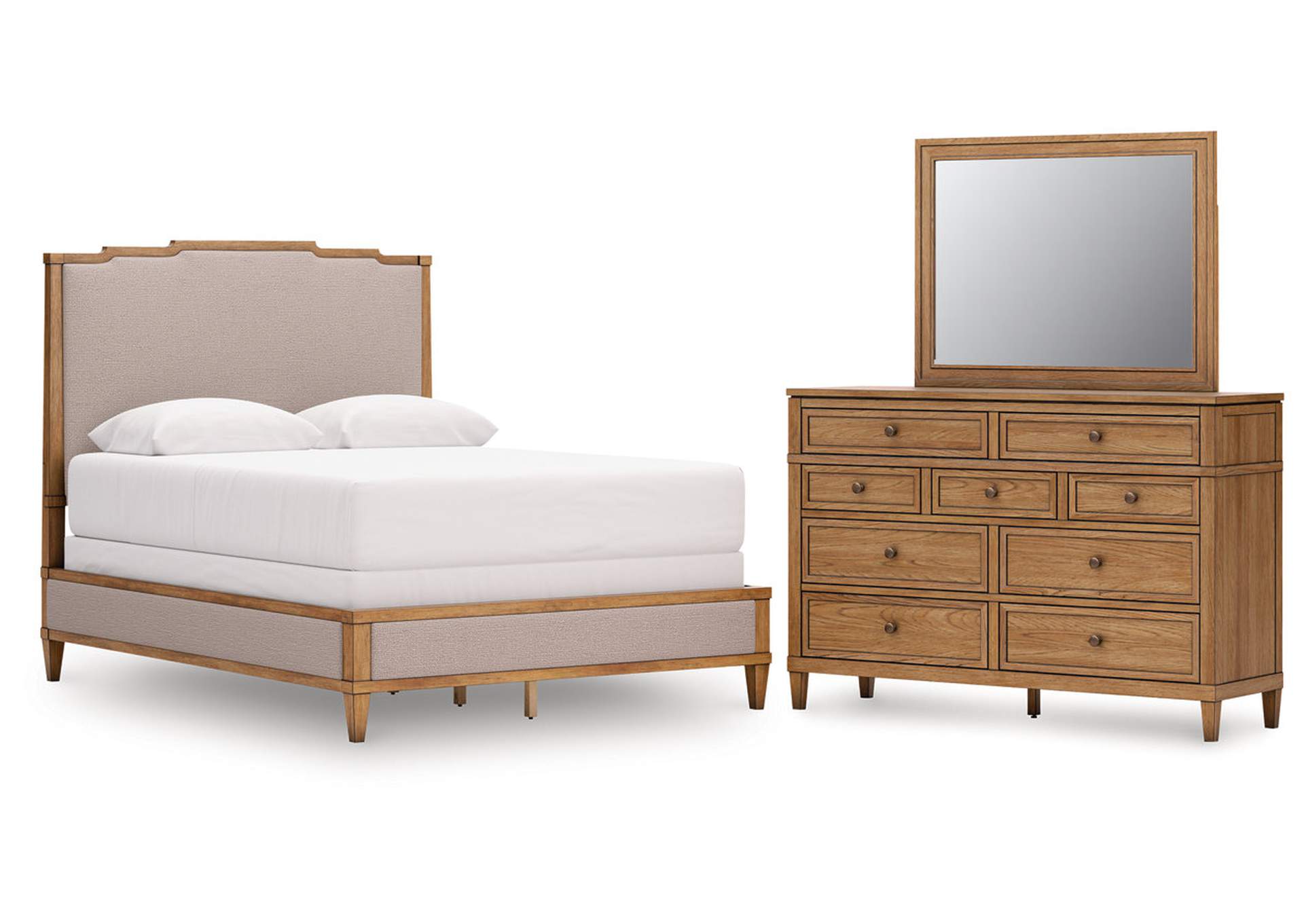 Sharlance Queen Upholstered Panel Bed with Mirrored Dresser image 1