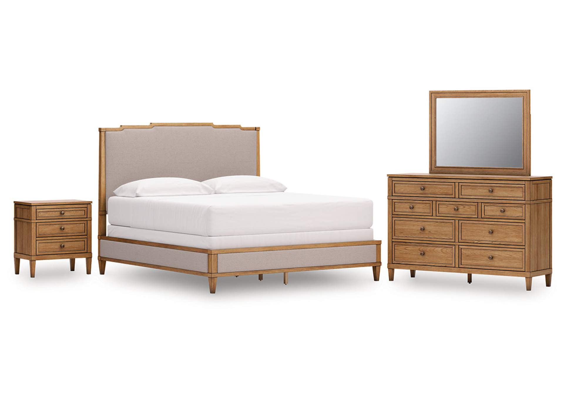 Sharlance King Upholstered Panel Bed with Mirrored Dresser and Nightstand image 1