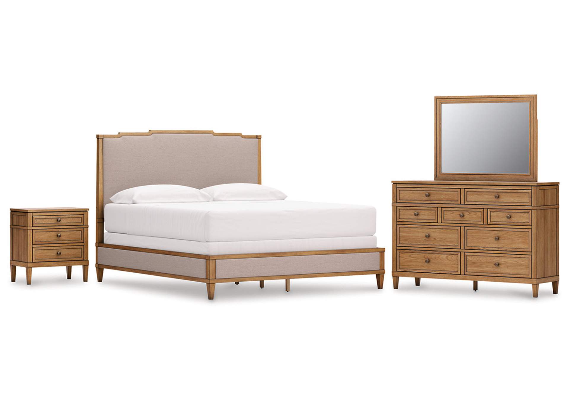 Sharlance California King Upholstered Panel Bed with Mirrored Dresser and Nightstand image 1
