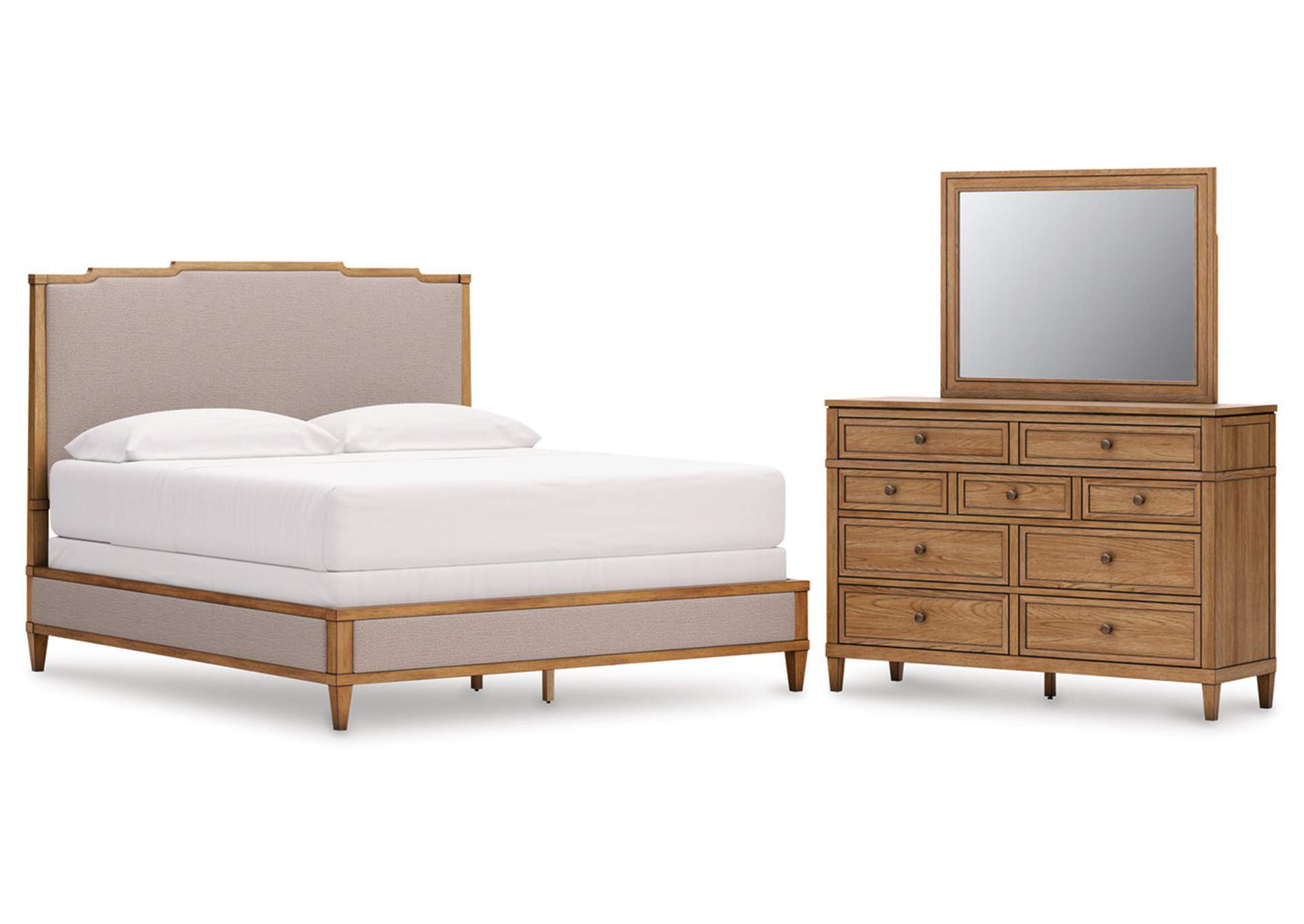 Sharlance California King Upholstered Panel Bed with Mirrored Dresser image 1