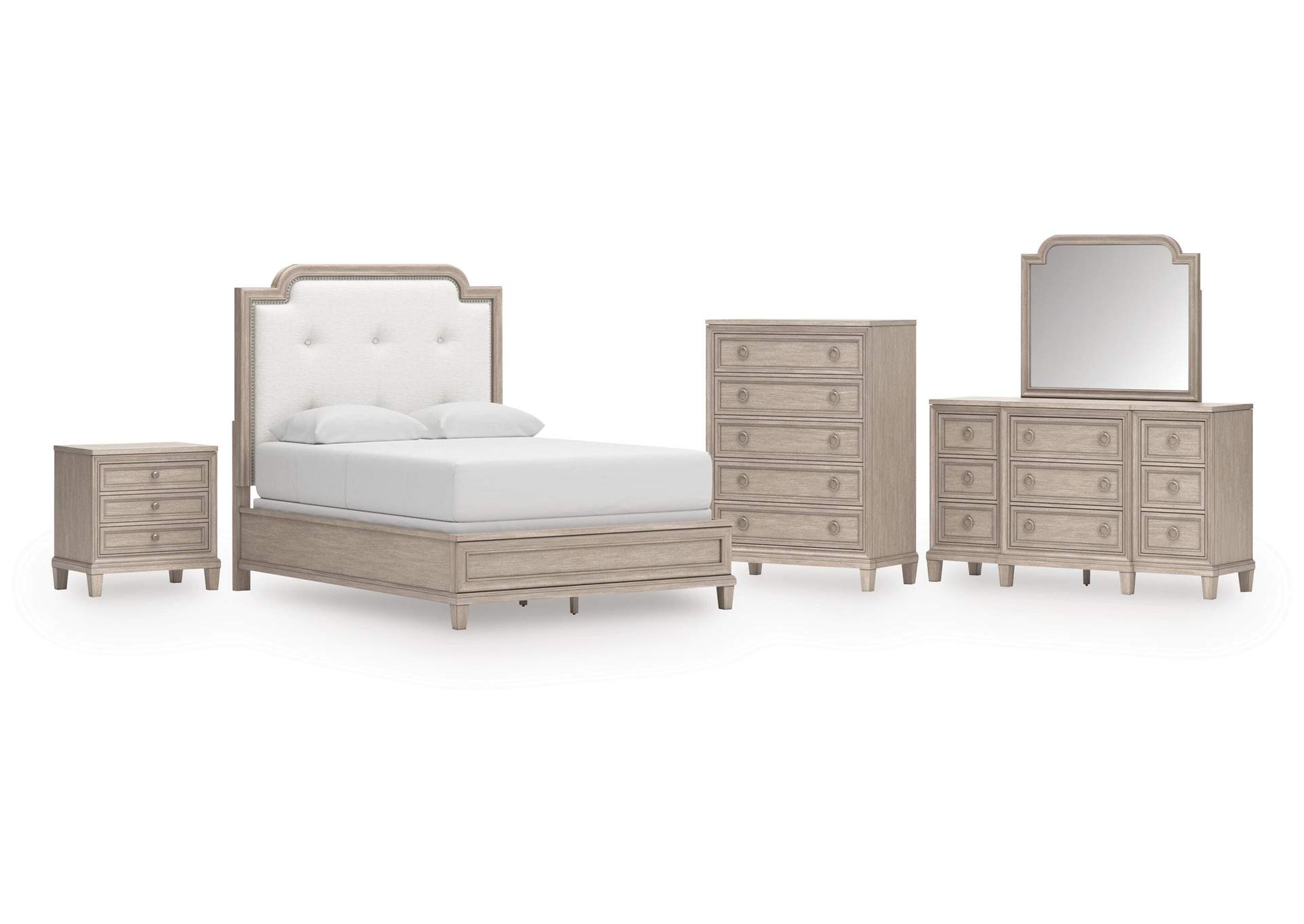 Jorlaina Queen Upholstered Panel Bed, Dresser, Mirror, Chest and Nightstand image 1