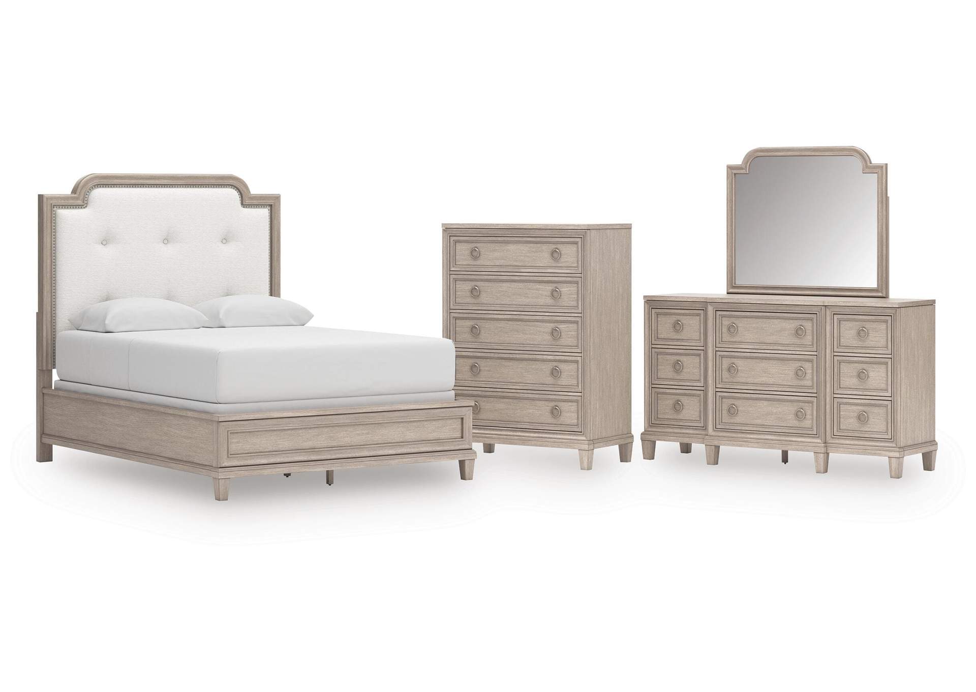 Jorlaina Queen Upholstered Panel Bed, Dresser, Mirror and Chest