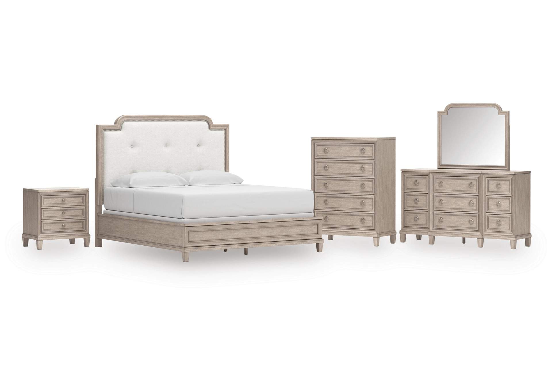 Jorlaina King Upholstered Panel Bed, Dresser, Mirror, Chest and Nightstand image 1