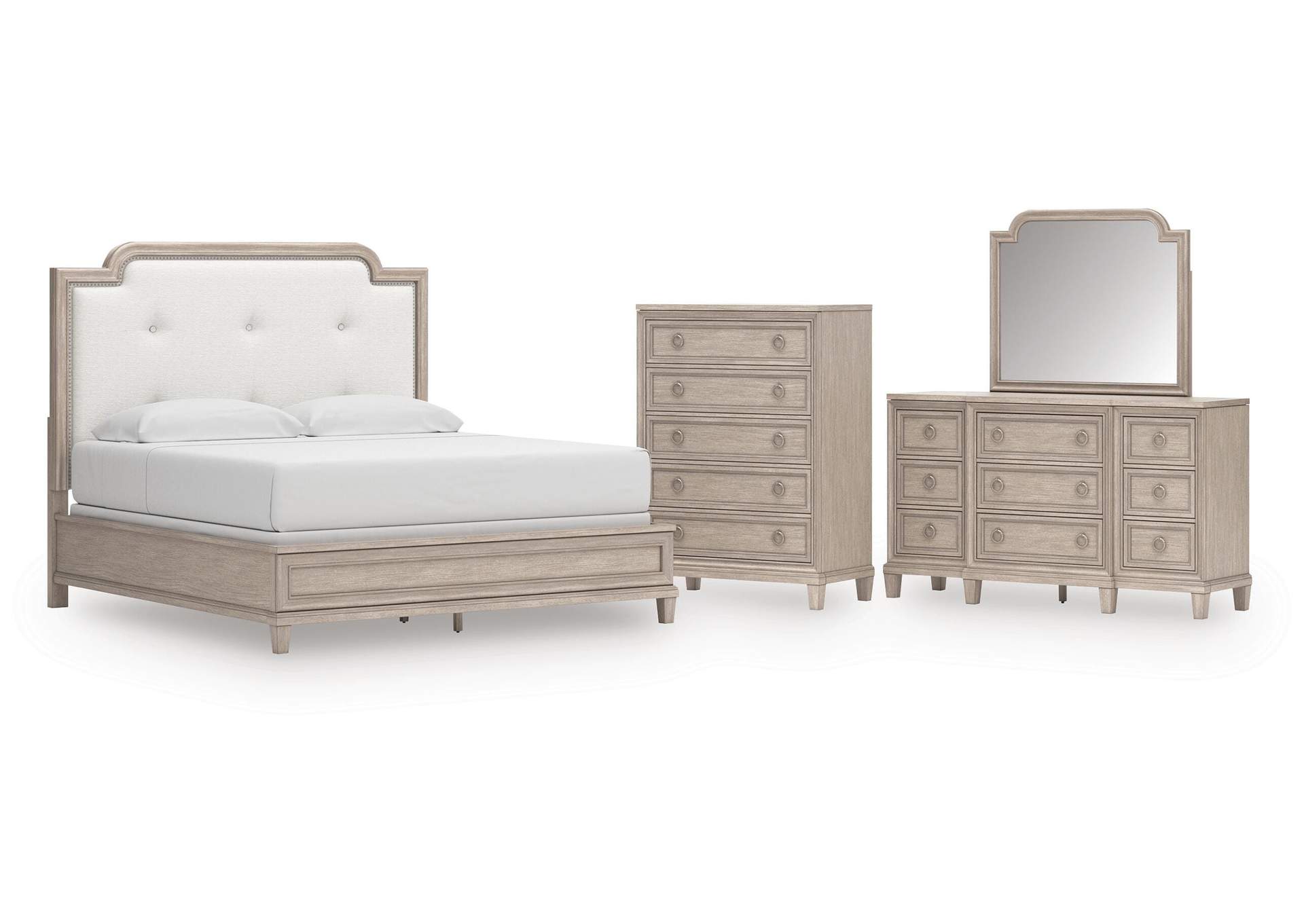 Jorlaina King Upholstered Panel Bed, Dresser, Mirror and Chest image 1