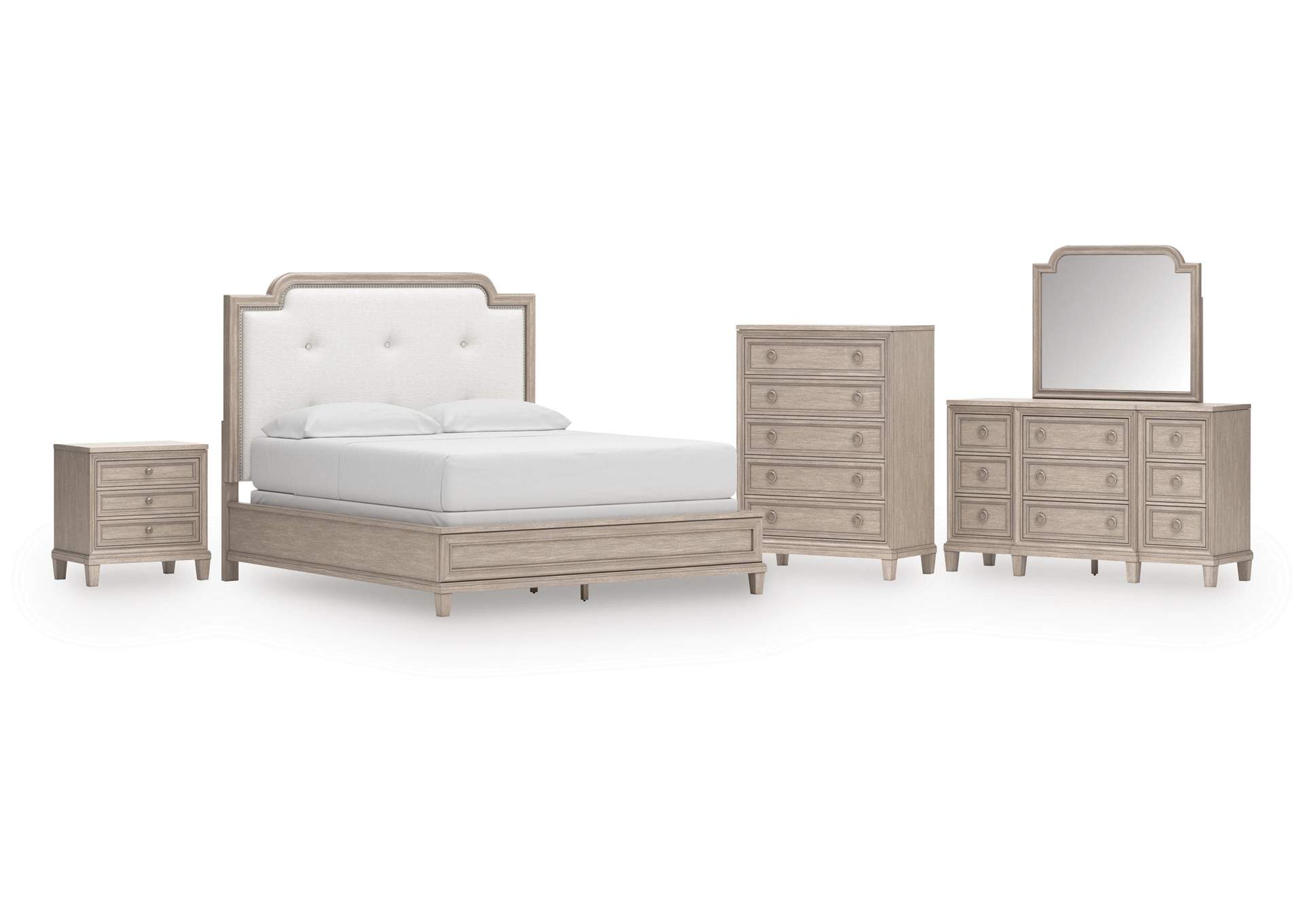 Jorlaina California King Upholstered Panel Bed, Dresser, Mirror, Chest and Nightstand image 1