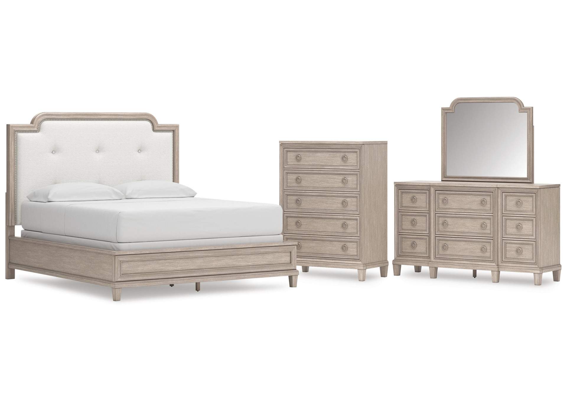 Jorlaina California King Upholstered Panel Bed, Dresser, Mirror and Chest image 1