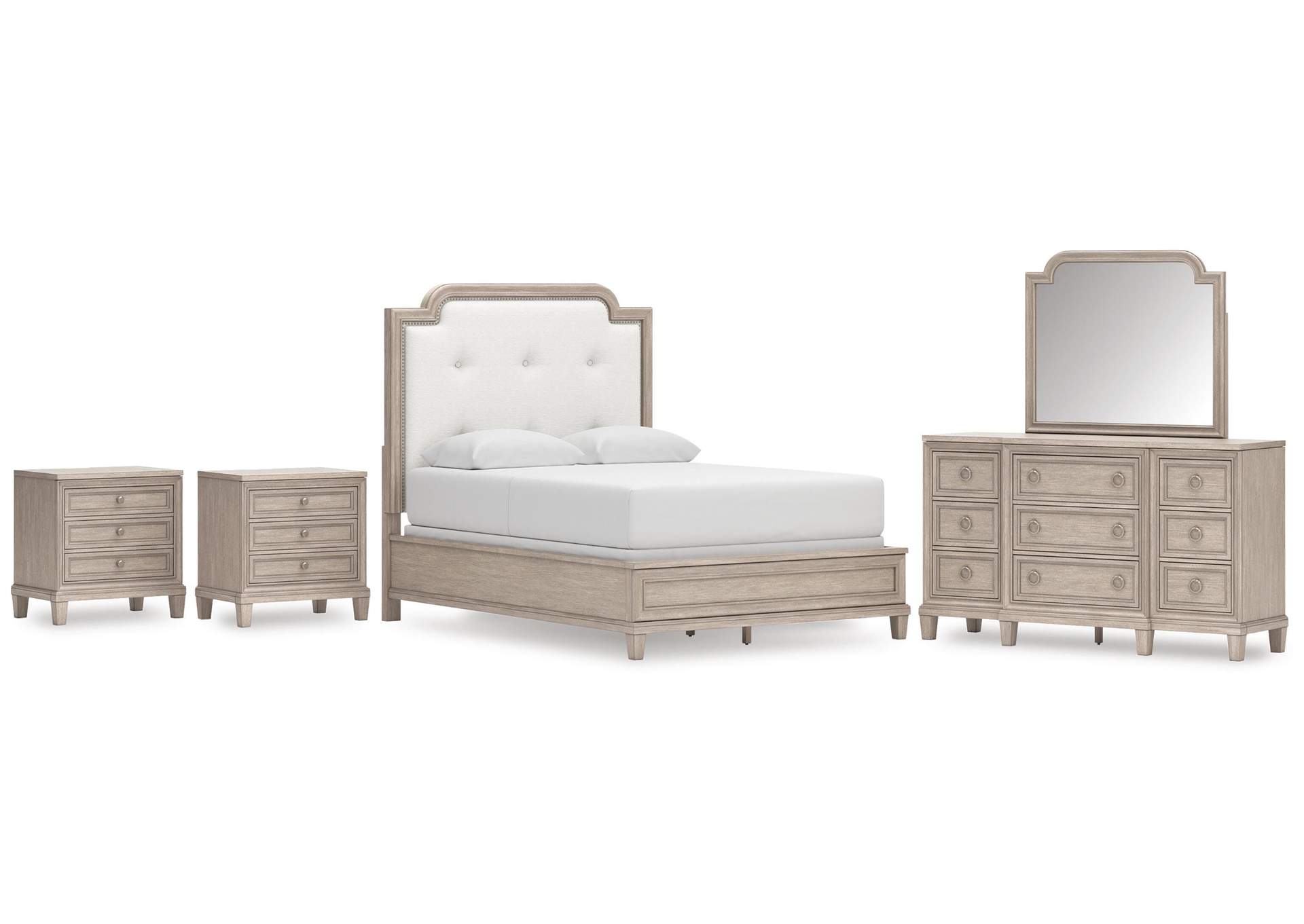 Jorlaina Queen Upholstered Panel Bed, Dresser, Mirror and 2 Nightstands image 1