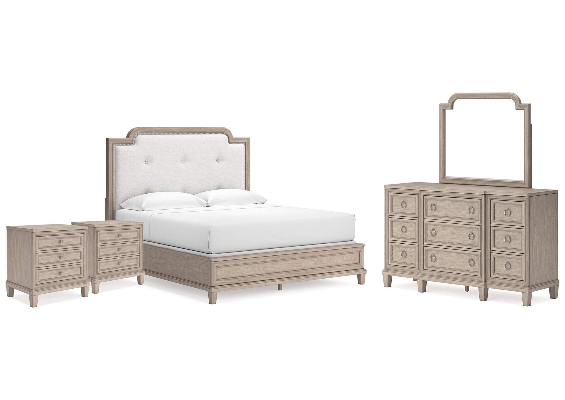 Jorlaina King Upholstered Panel Bed, Dresser, Mirror and 2 Nightstands image 1