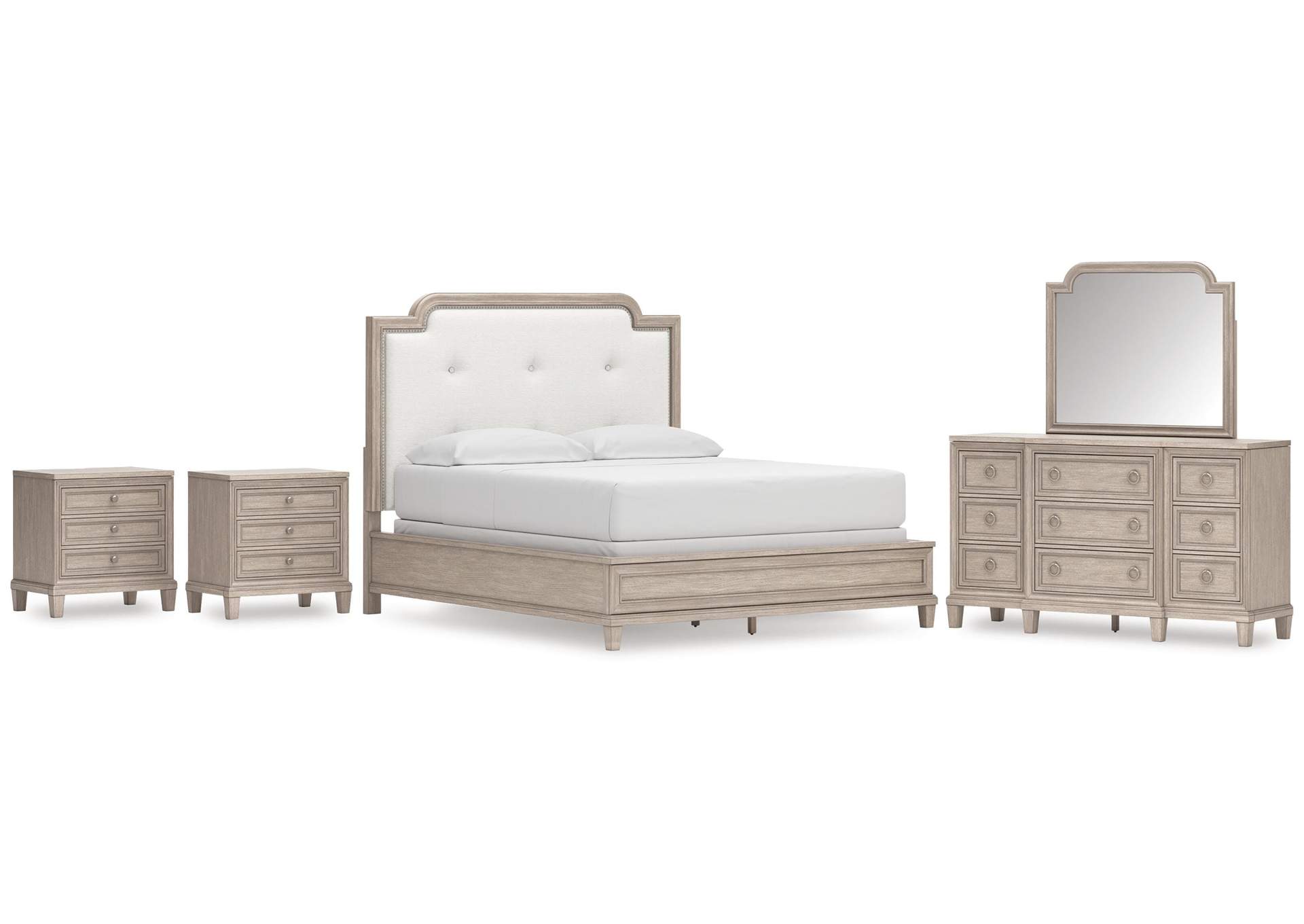 Jorlaina California King Upholstered Panel Bed, Dresser, Mirror and 2 Nightstands image 1
