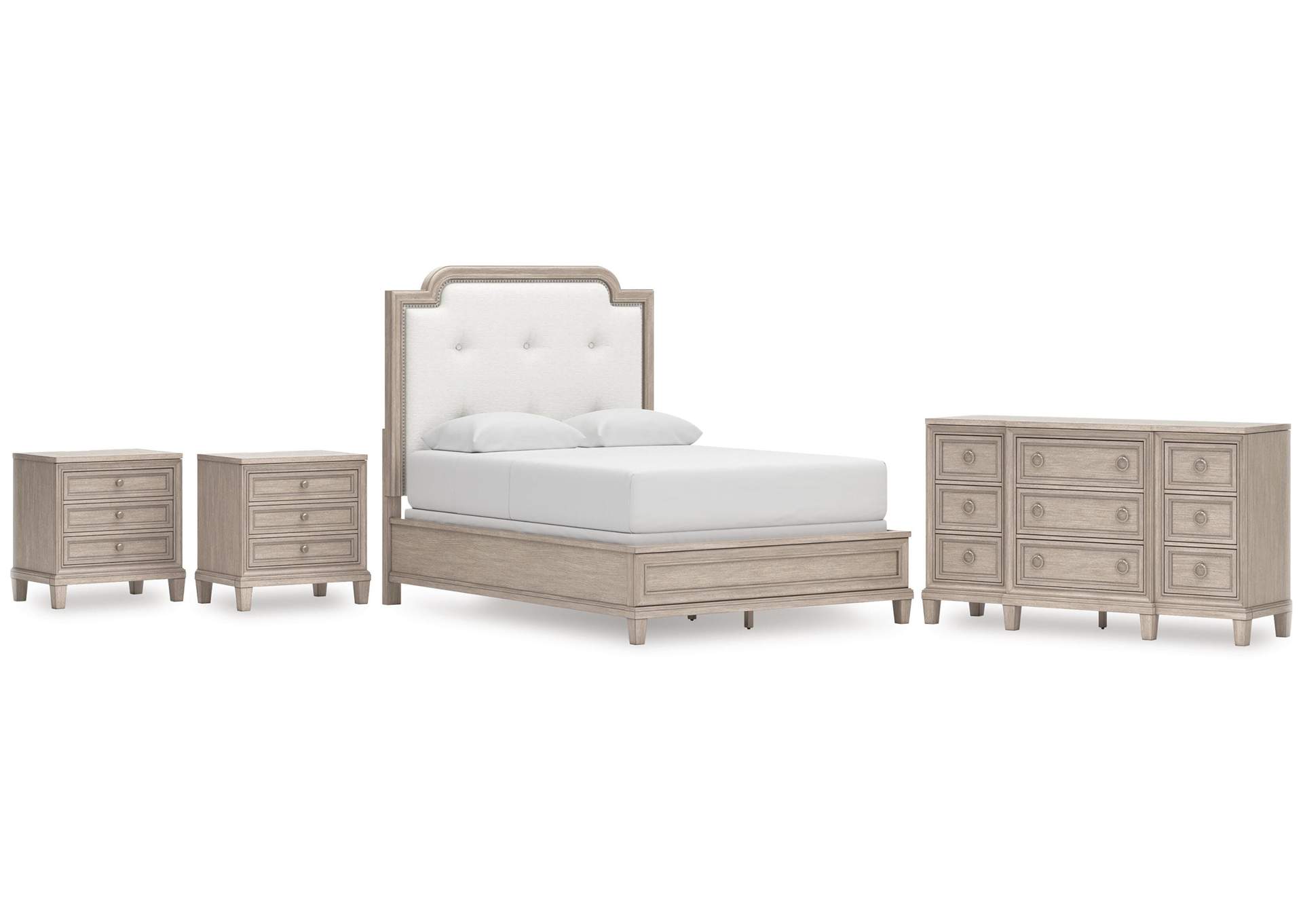Jorlaina Queen Upholstered Panel Bed, Dresser and 2 Nightstands image 1