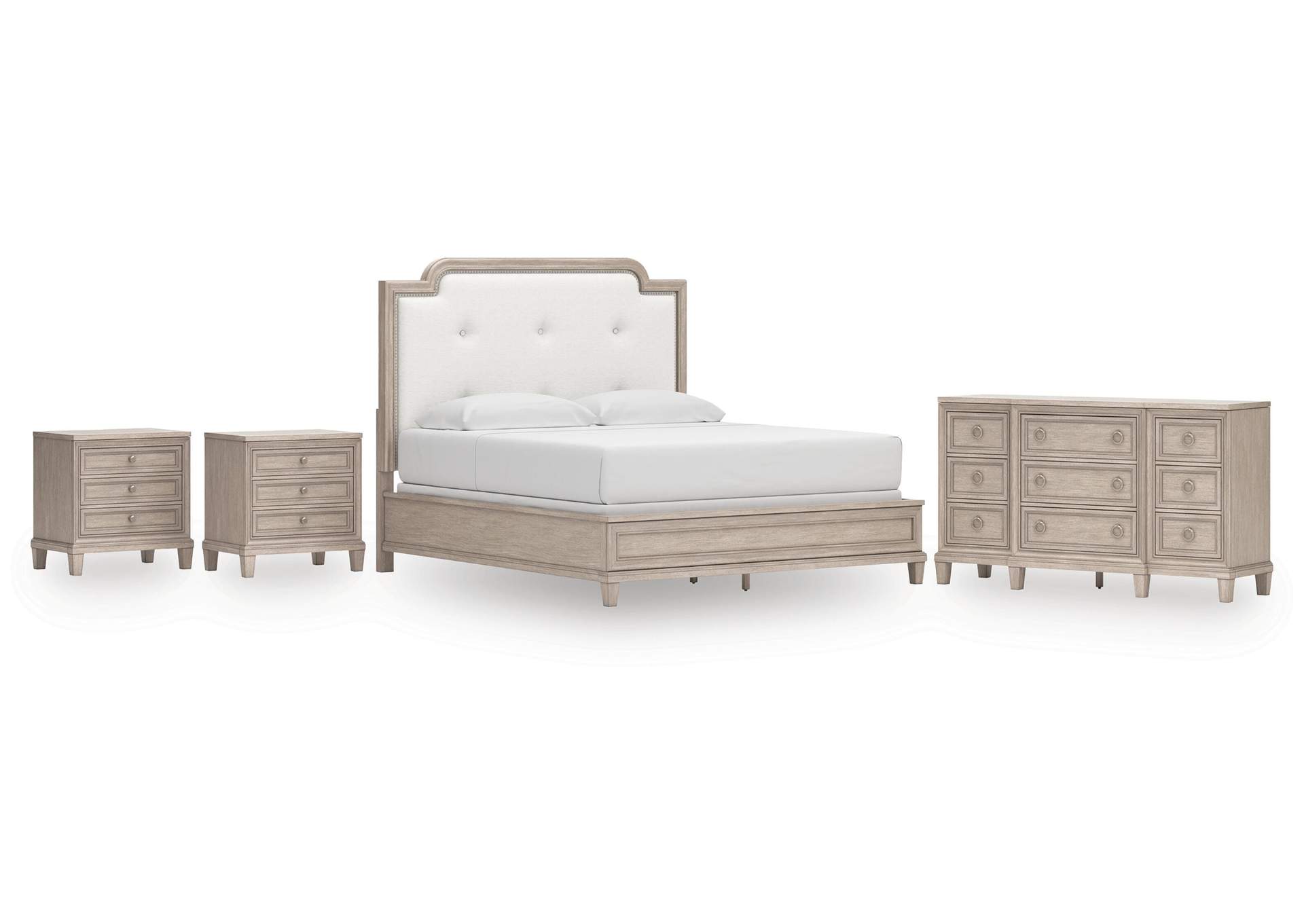 Jorlaina King Upholstered Panel Bed, Dresser and 2 Nightstands image 1