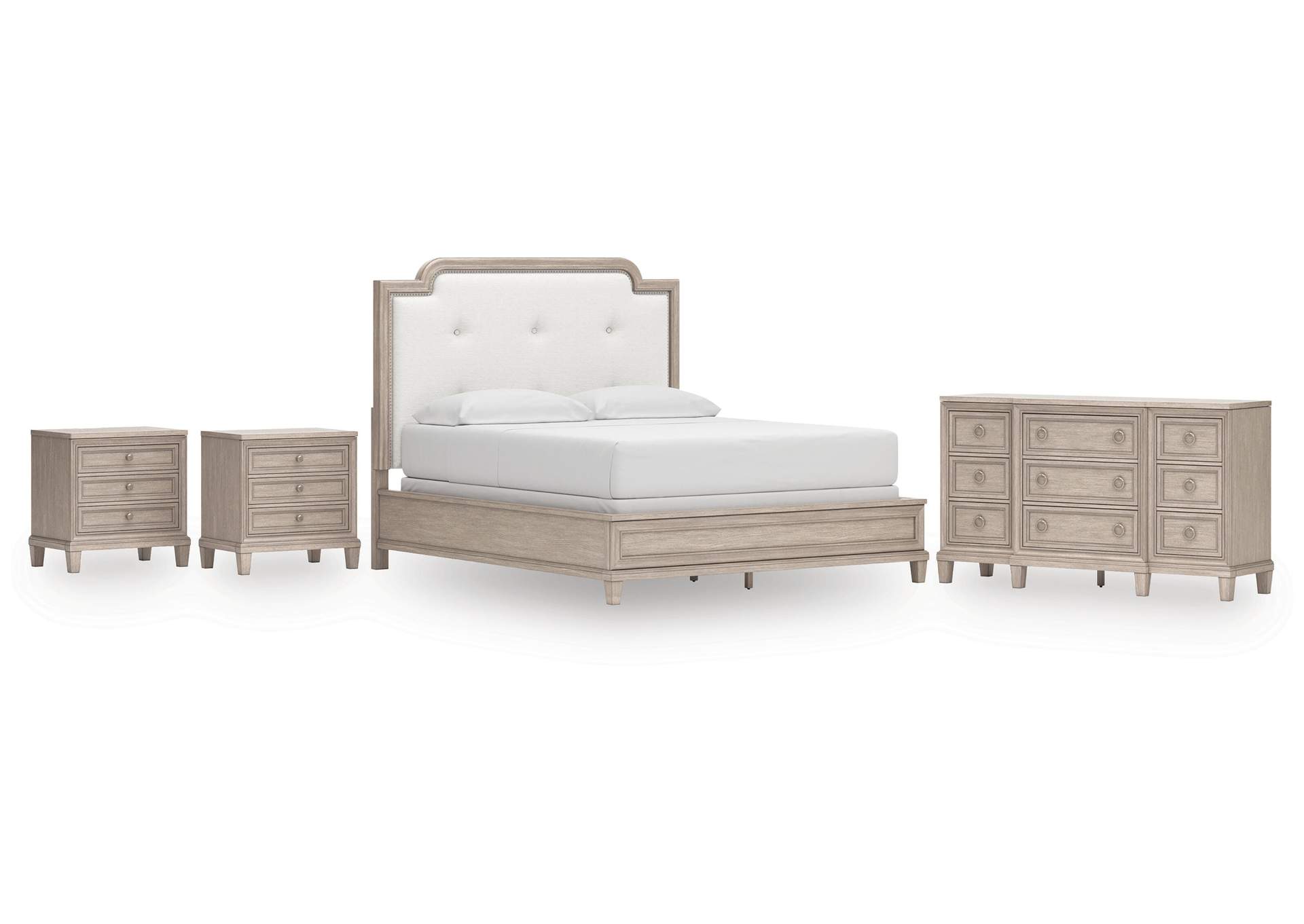 Jorlaina California King Upholstered Panel Bed, Dresser and 2 Nightstands image 1