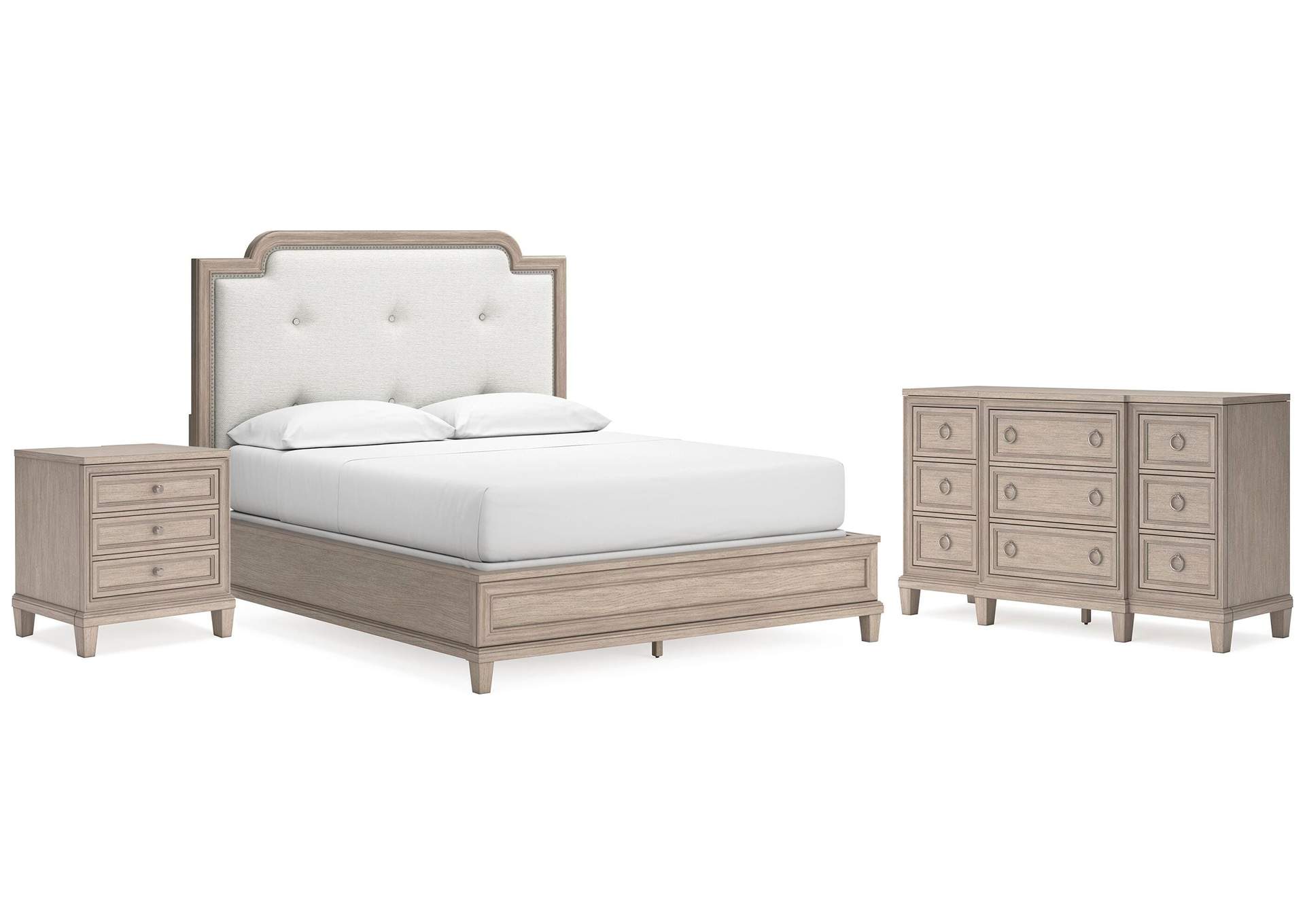 Jorlaina California King Upholstered Panel Bed with Dresser and Nightstand image 1