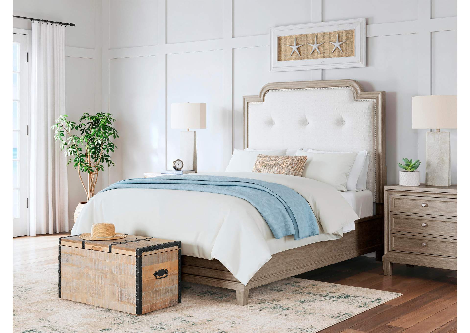 Jorlaina Queen Upholstered Panel Bed, Dresser, Mirror, Chest and Nightstand image 9