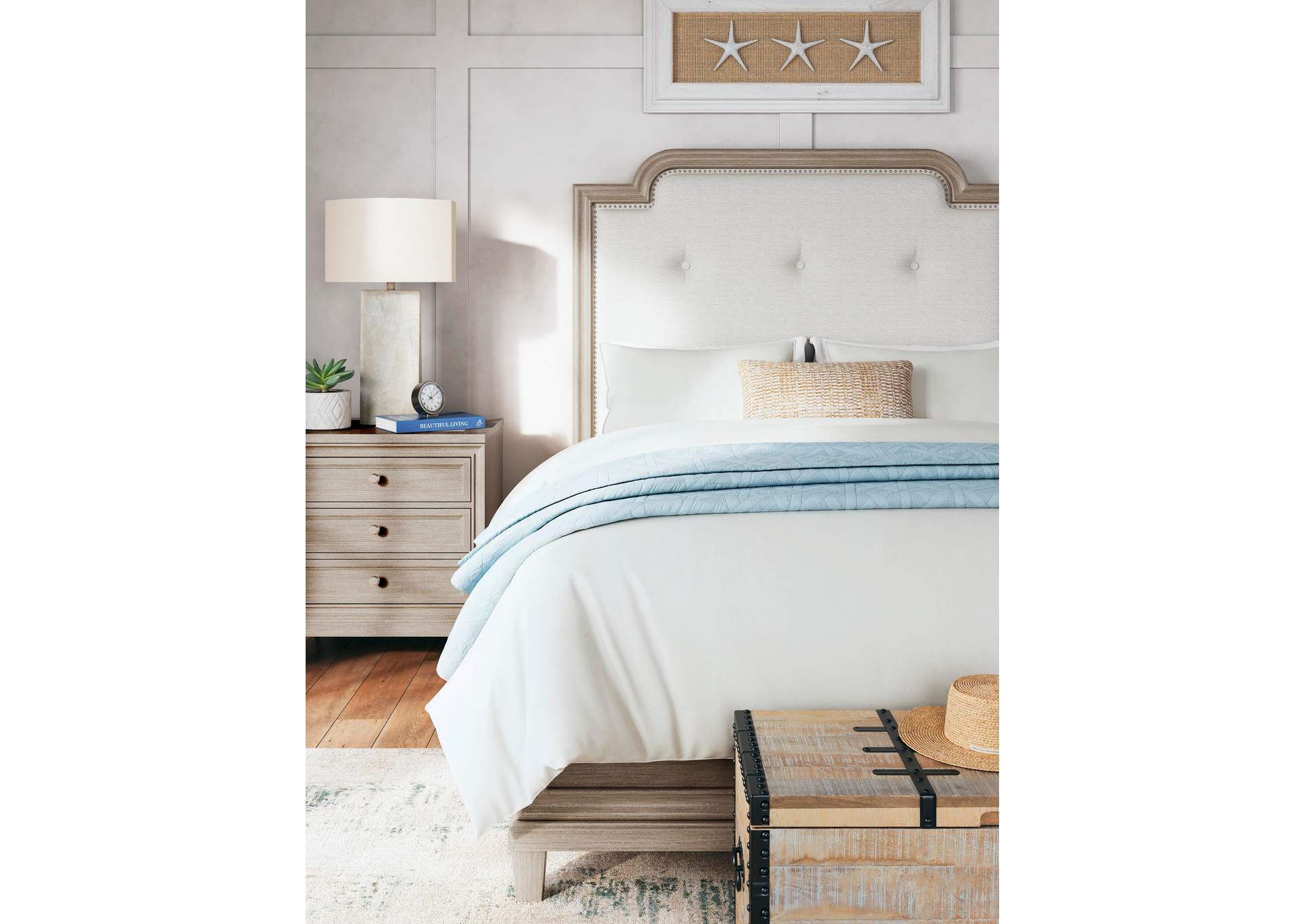 Jorlaina Queen Upholstered Panel Bed, Dresser, Mirror, Chest and Nightstand image 8