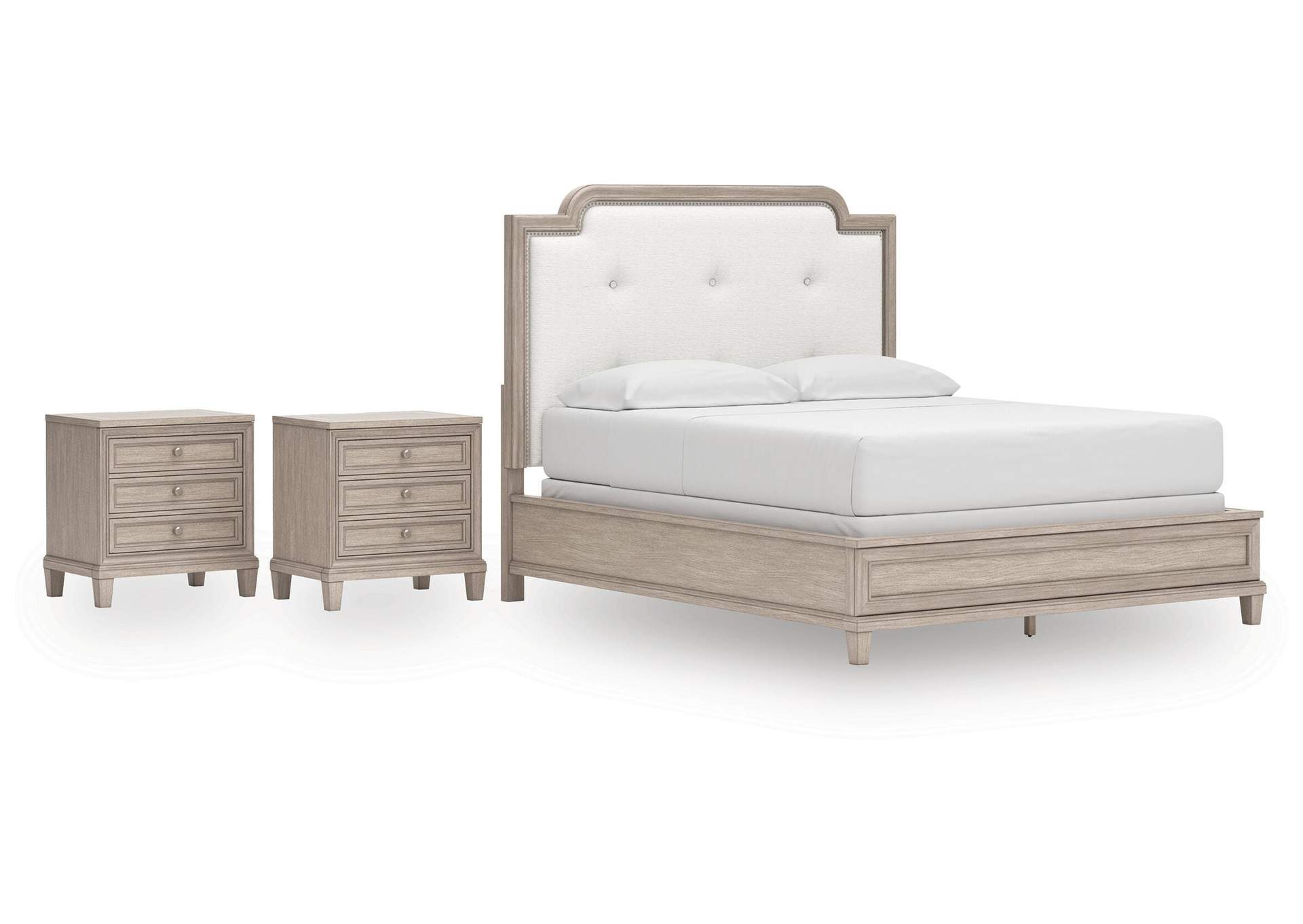 Jorlaina California King Upholstered Panel Bed and 2 Nightstands image 1