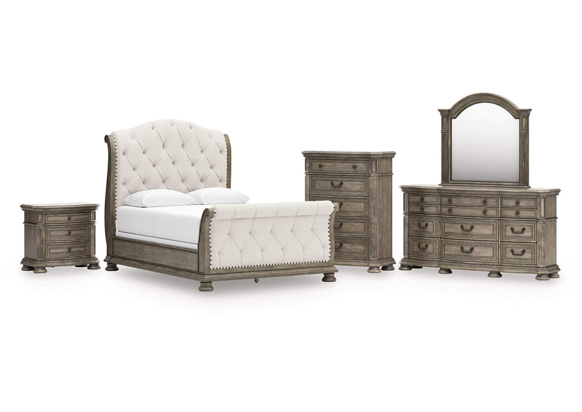 Ardenfield Queen Upholstered Sleigh Bed with Mirrored Dresser, Chest and Nightstand image 1