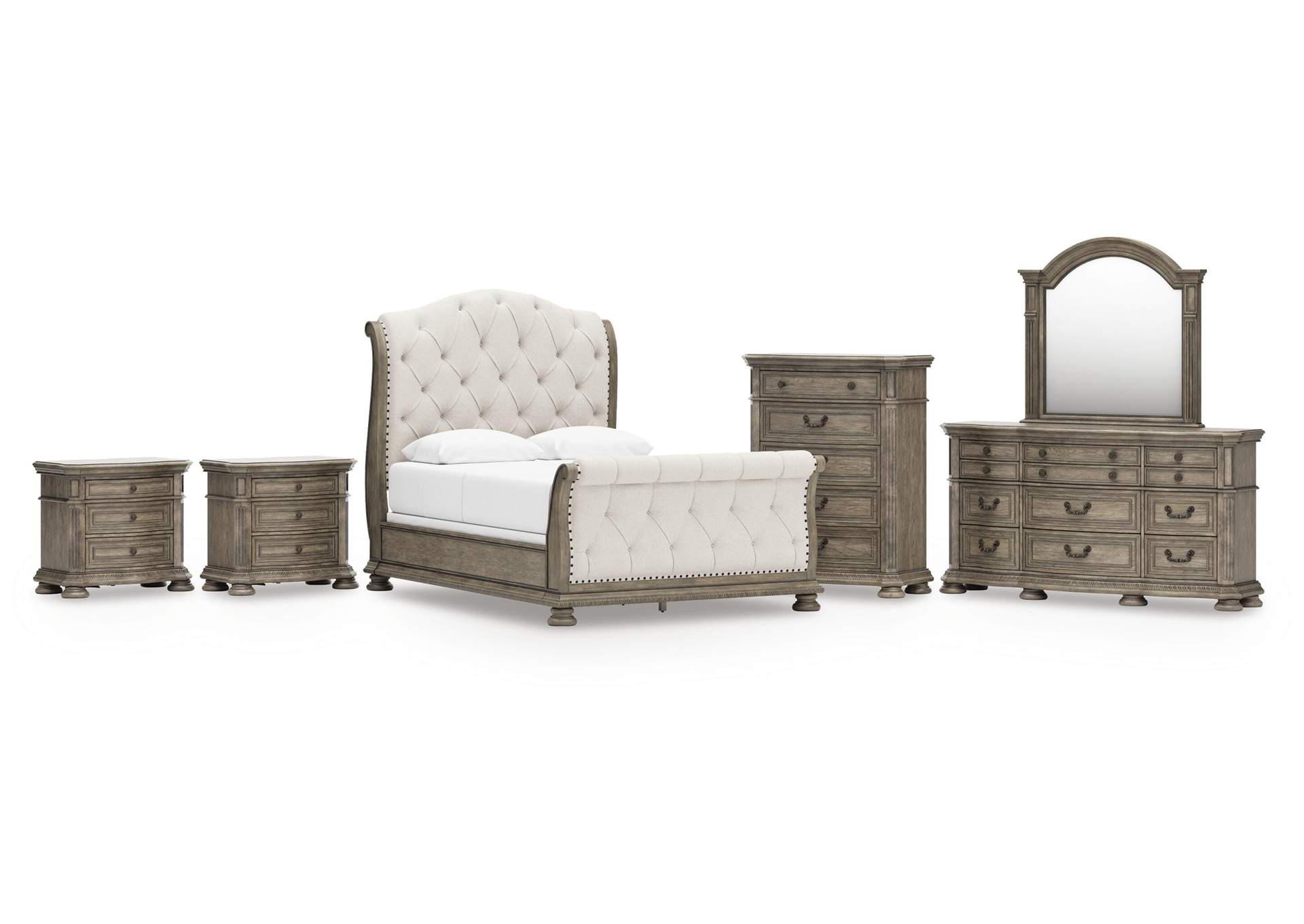 Ardenfield Queen Upholstered Sleigh Bed, Dresser, Mirror, Chest and 2 Nightstands image 1