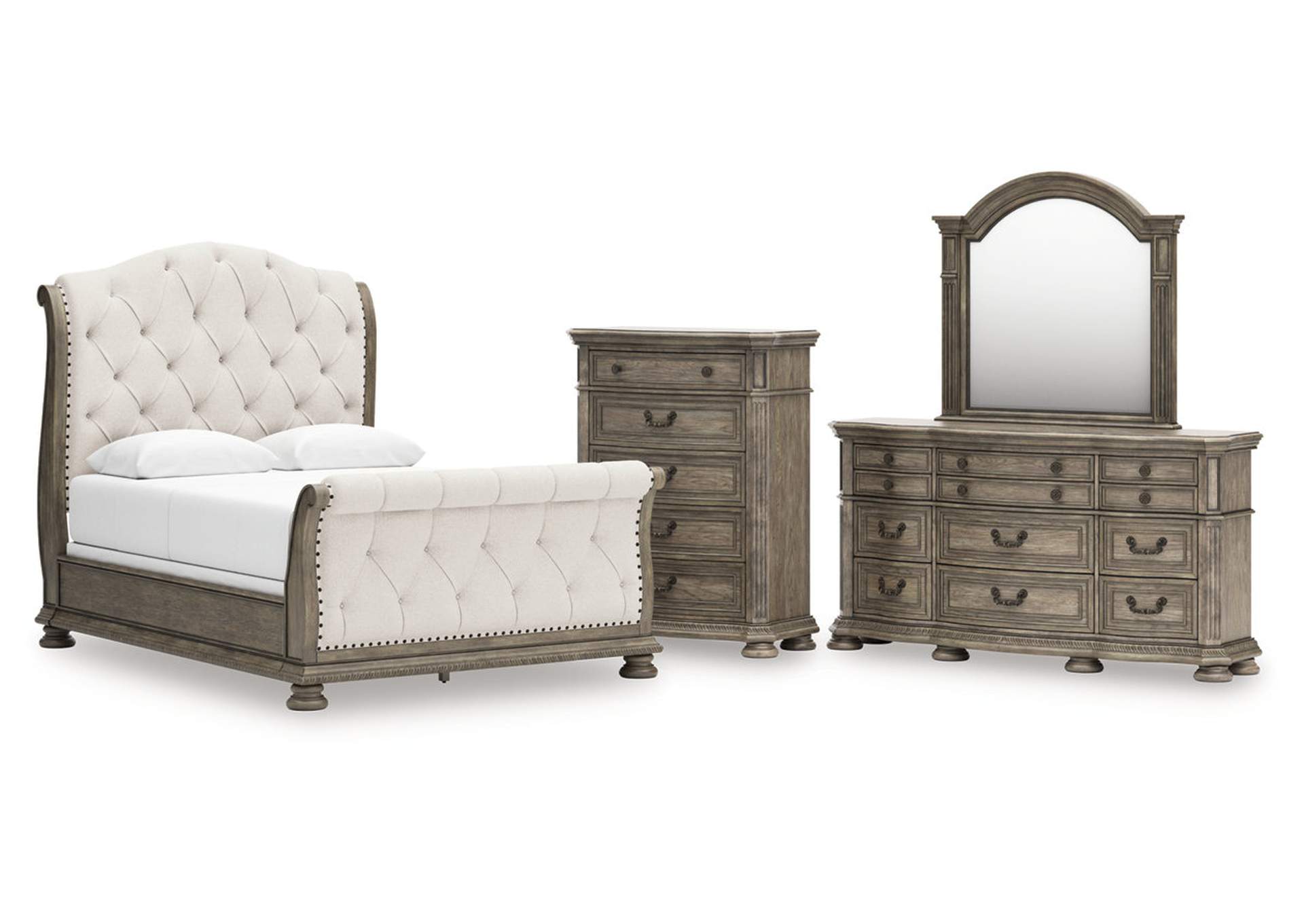 Ardenfield Queen Upholstered Sleigh Bed with Mirrored Dresser and Chest image 1