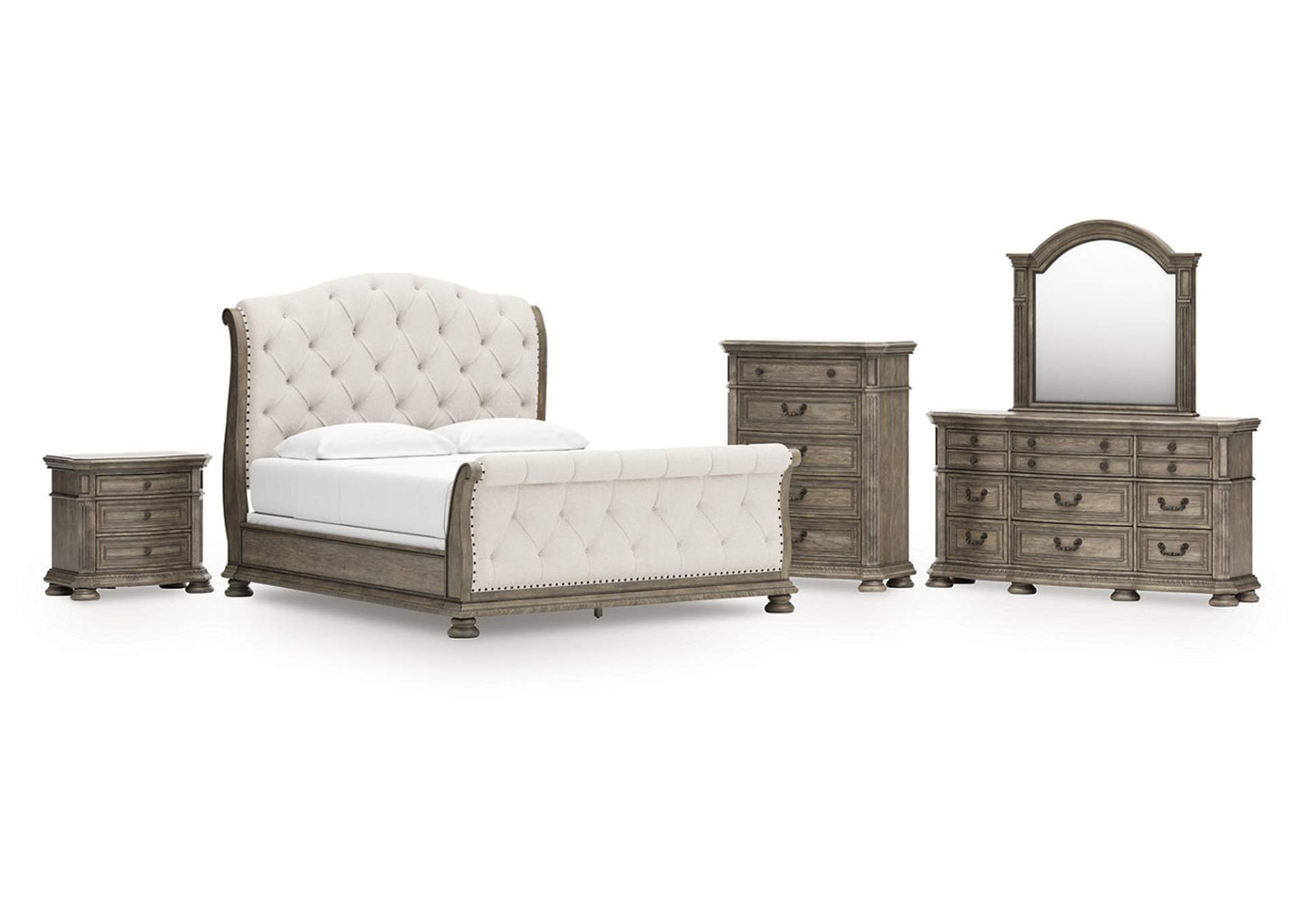 Ardenfield California King Upholstered Sleigh Bed with Mirrored Dresser, Chest and Nightstand image 1