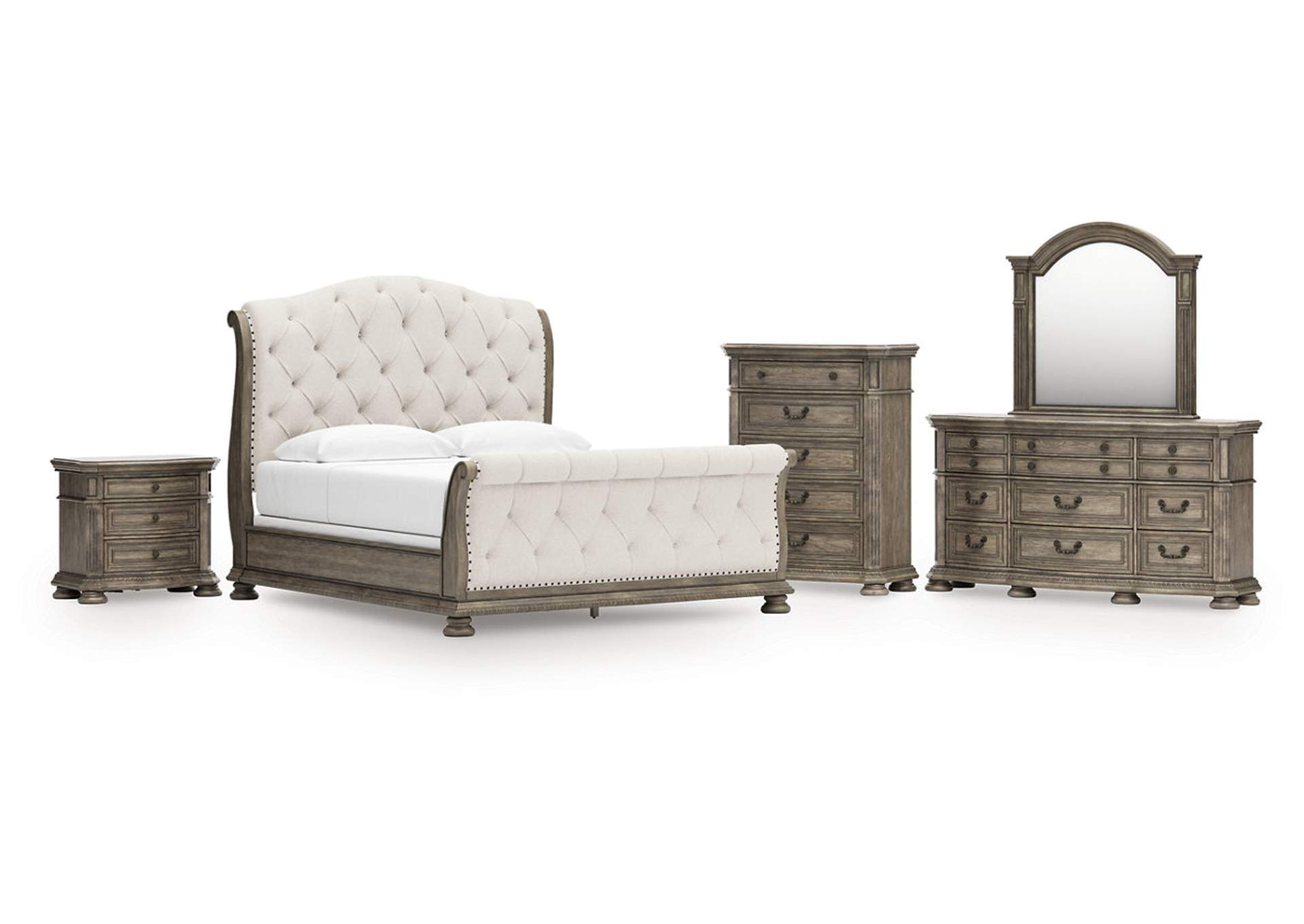 Ardenfield King Upholstered Sleigh Bed with Mirrored Dresser, Chest and Nightstand image 1