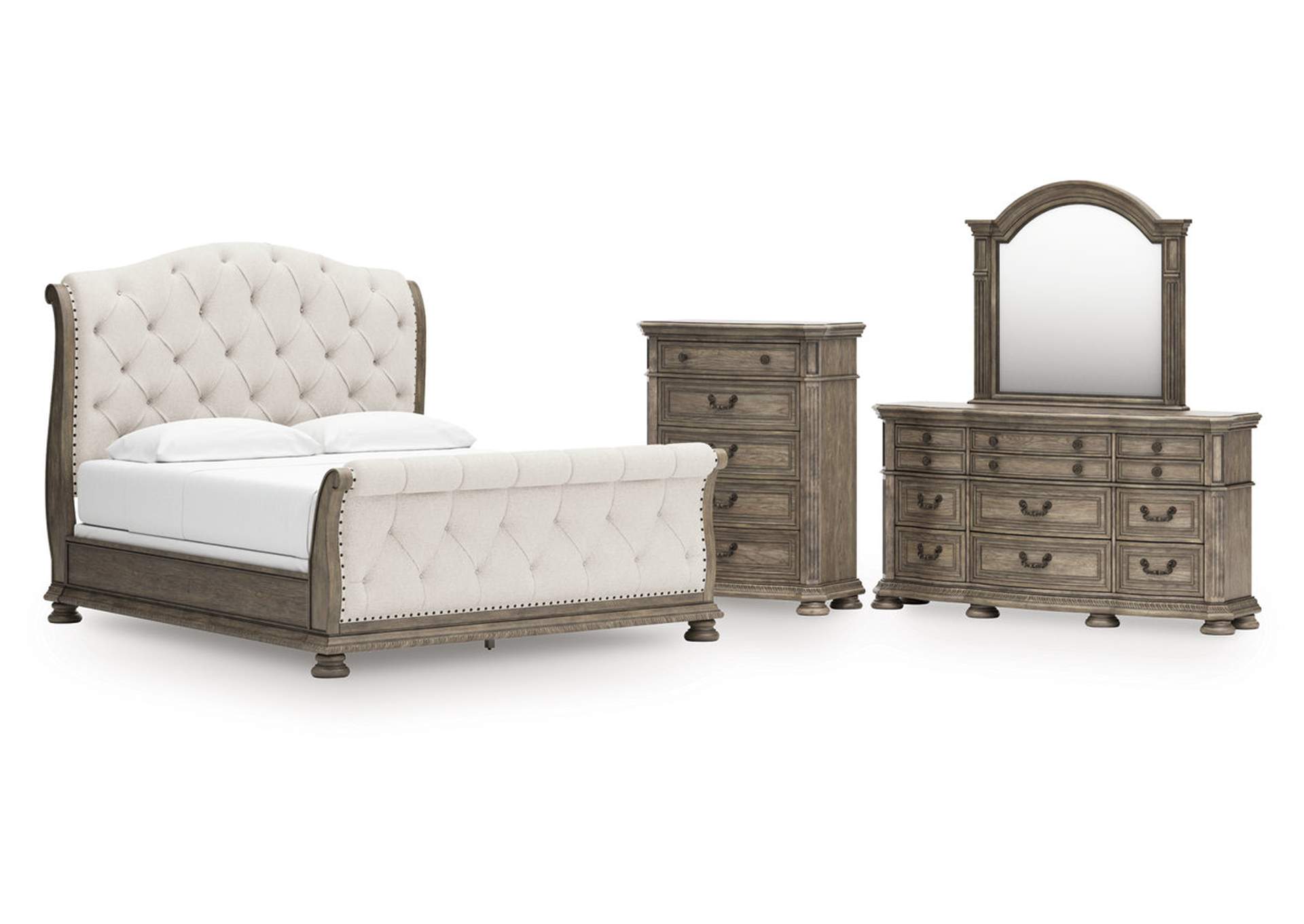 Ardenfield California King Upholstered Sleigh Bed with Mirrored Dresser and Chest image 1