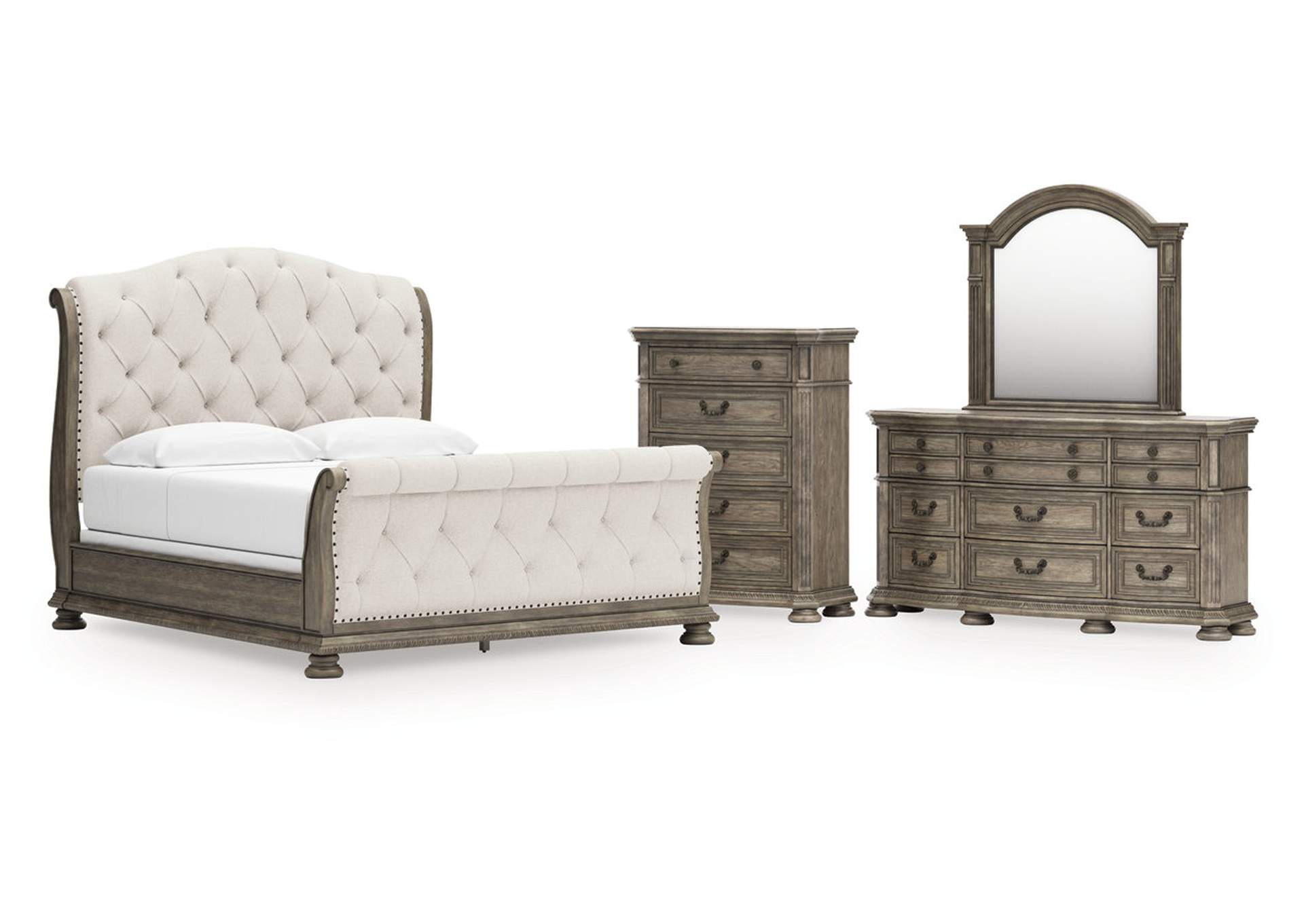 Ardenfield King Upholstered Sleigh Bed with Mirrored Dresser and Chest image 1