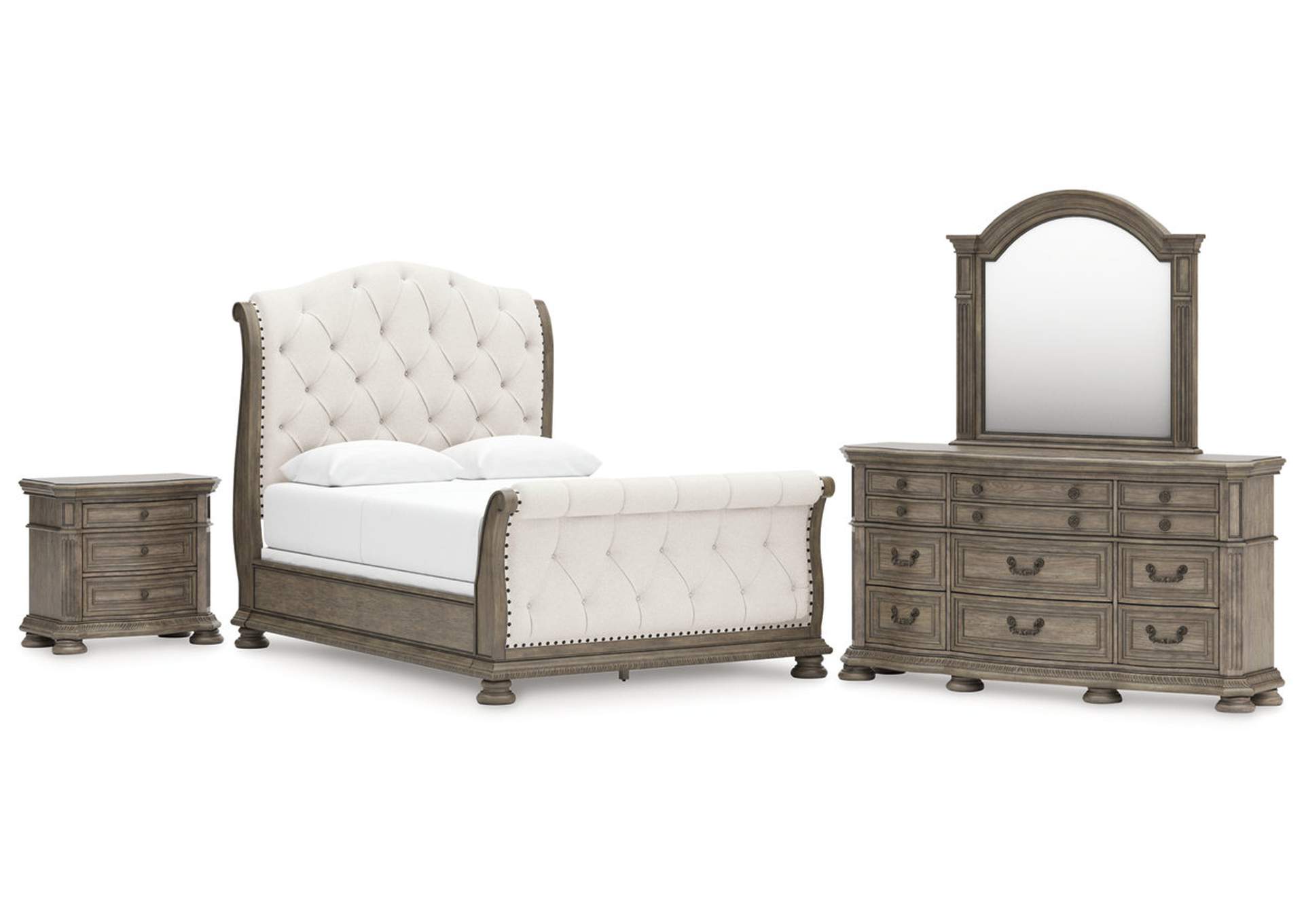 Ardenfield Queen Upholstered Sleigh Bed with Mirrored Dresser and Nightstand image 1