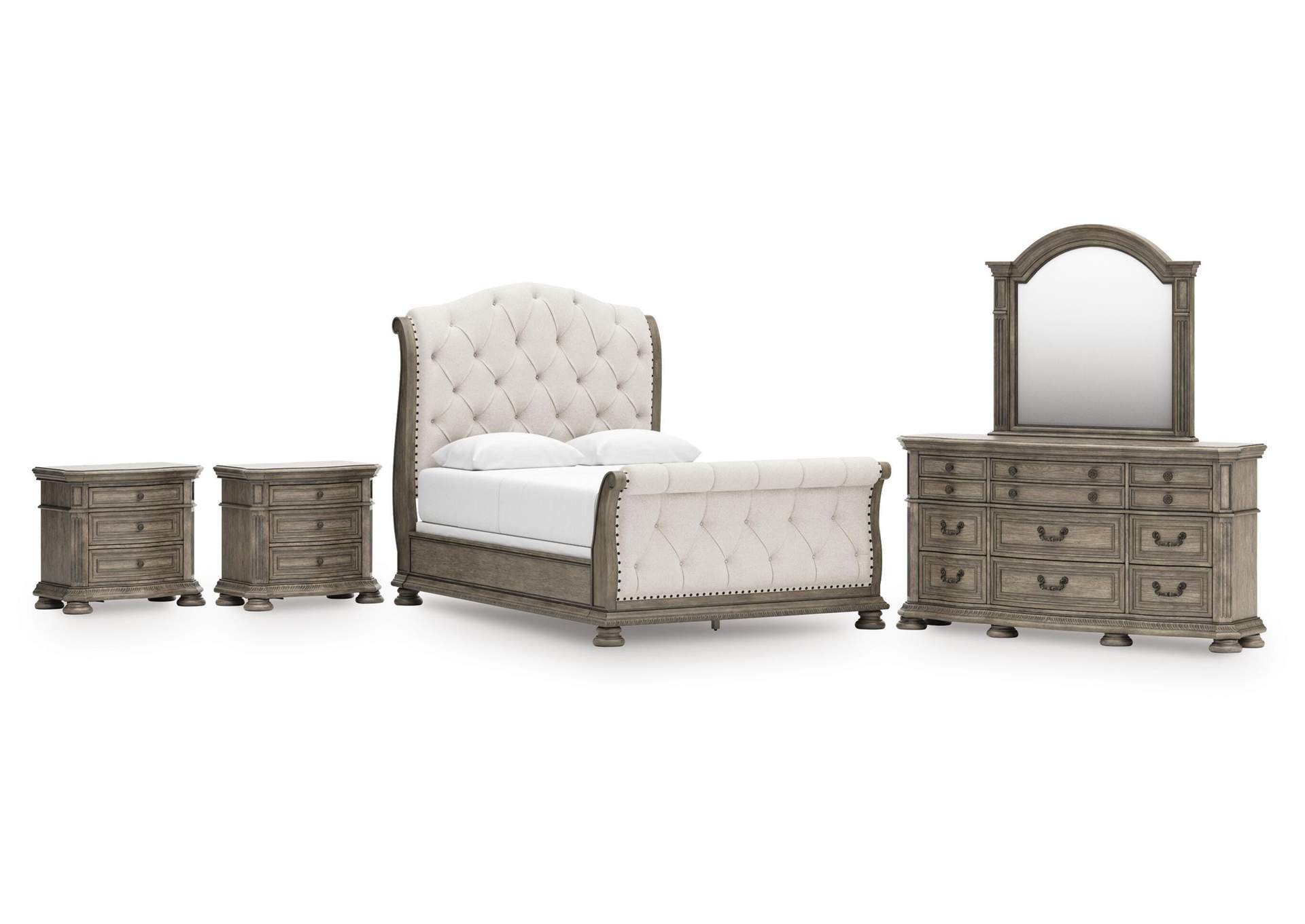 Ardenfield Queen Upholstered Sleigh Bed, Dresser, Mirror and 2 Nightstands image 1