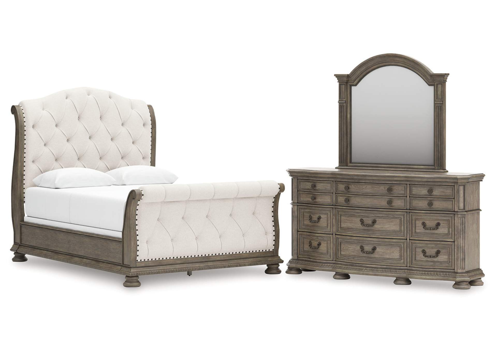 Ardenfield Queen Upholstered Sleigh Bed with Mirrored Dresser image 1