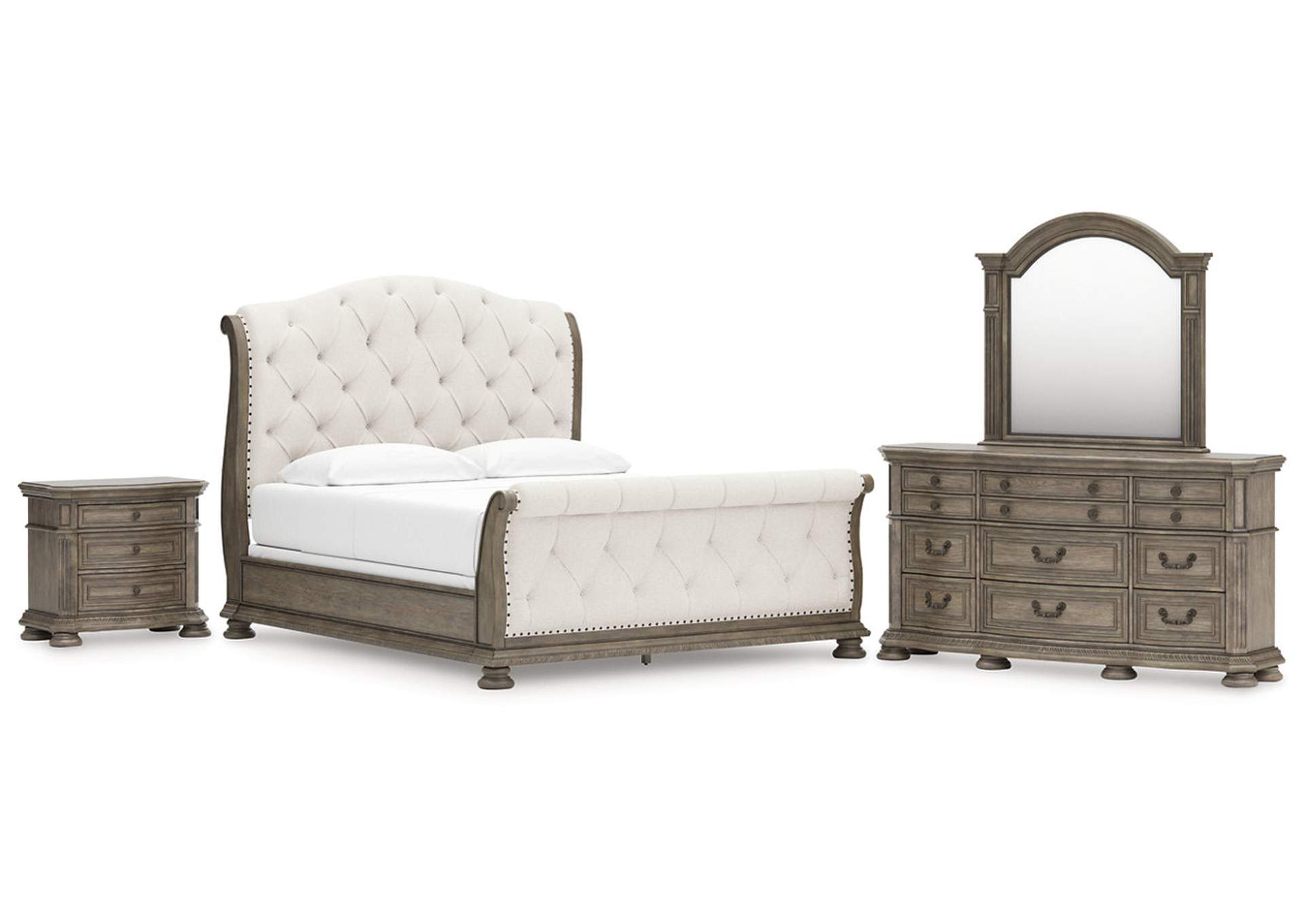 Ardenfield California King Upholstered Sleigh Bed with Mirrored Dresser and Nightstand image 1