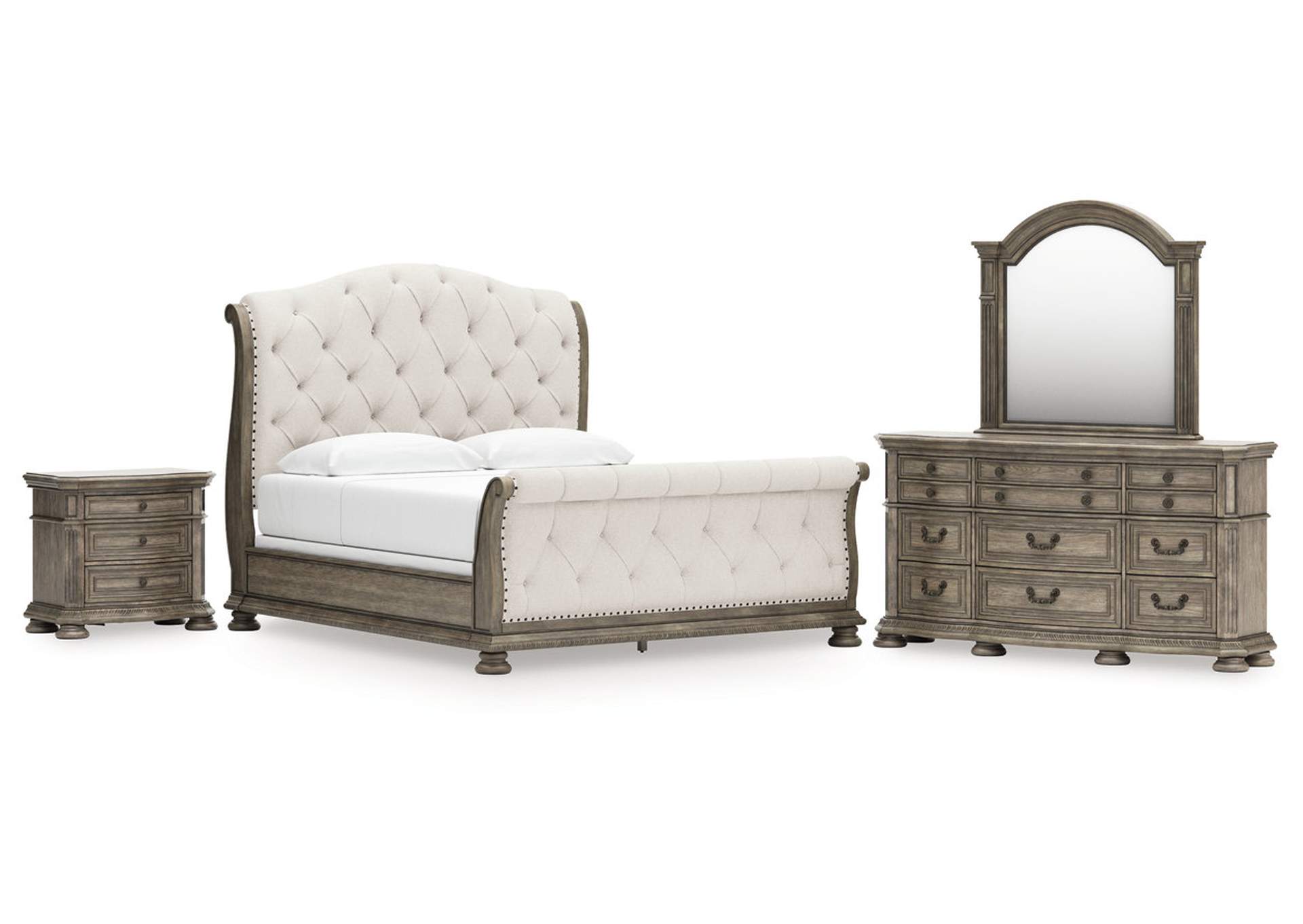 Ardenfield King Upholstered Sleigh Bed with Mirrored Dresser and Nightstand image 1