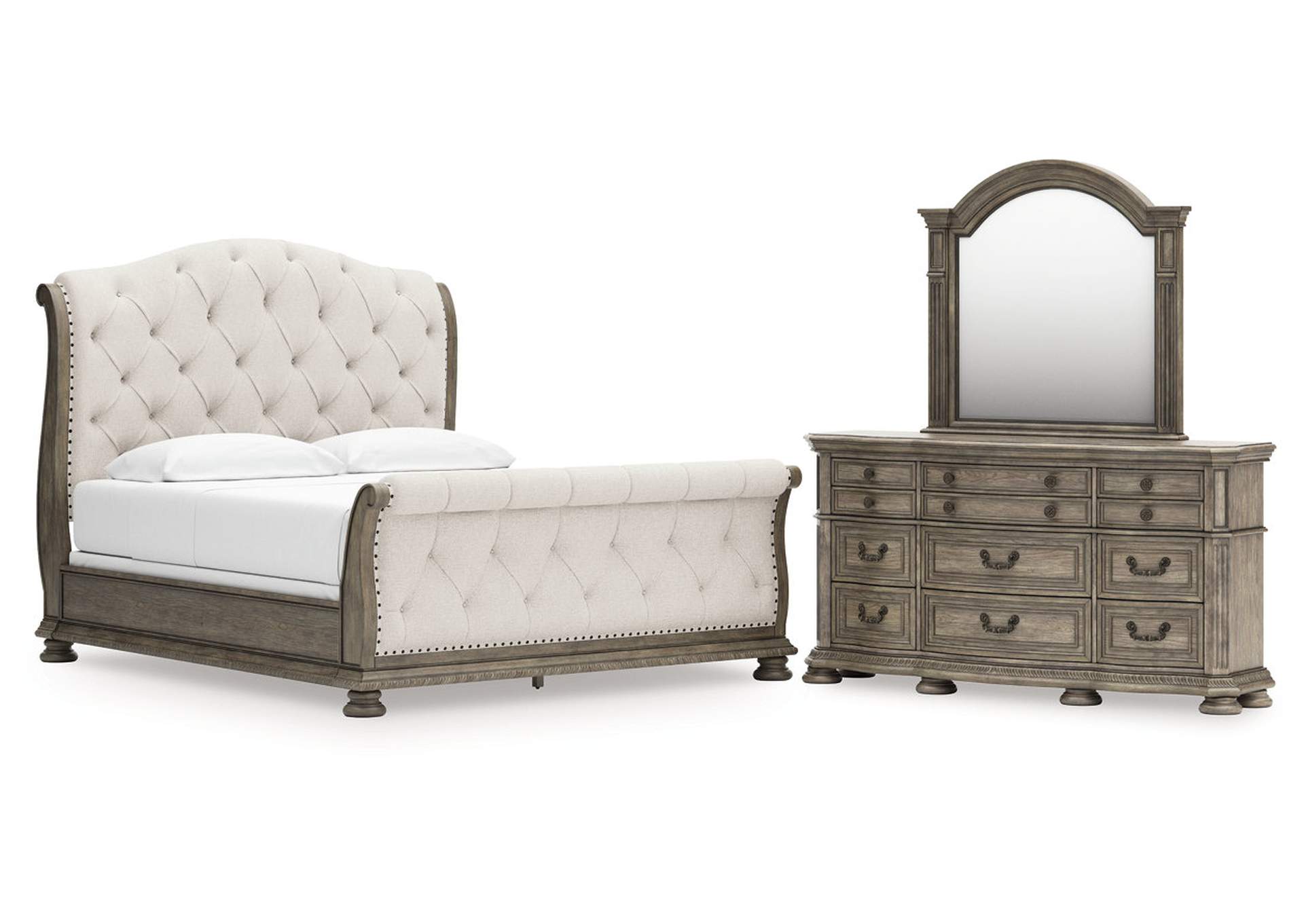 Ardenfield California King Upholstered Sleigh Bed with Mirrored Dresser image 1