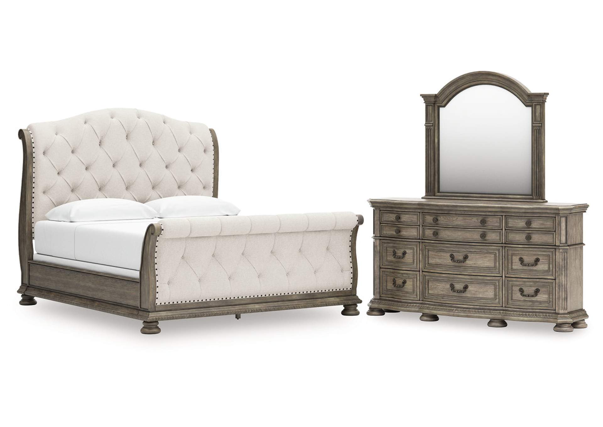 Ardenfield King Upholstered Sleigh Bed with Mirrored Dresser image 1