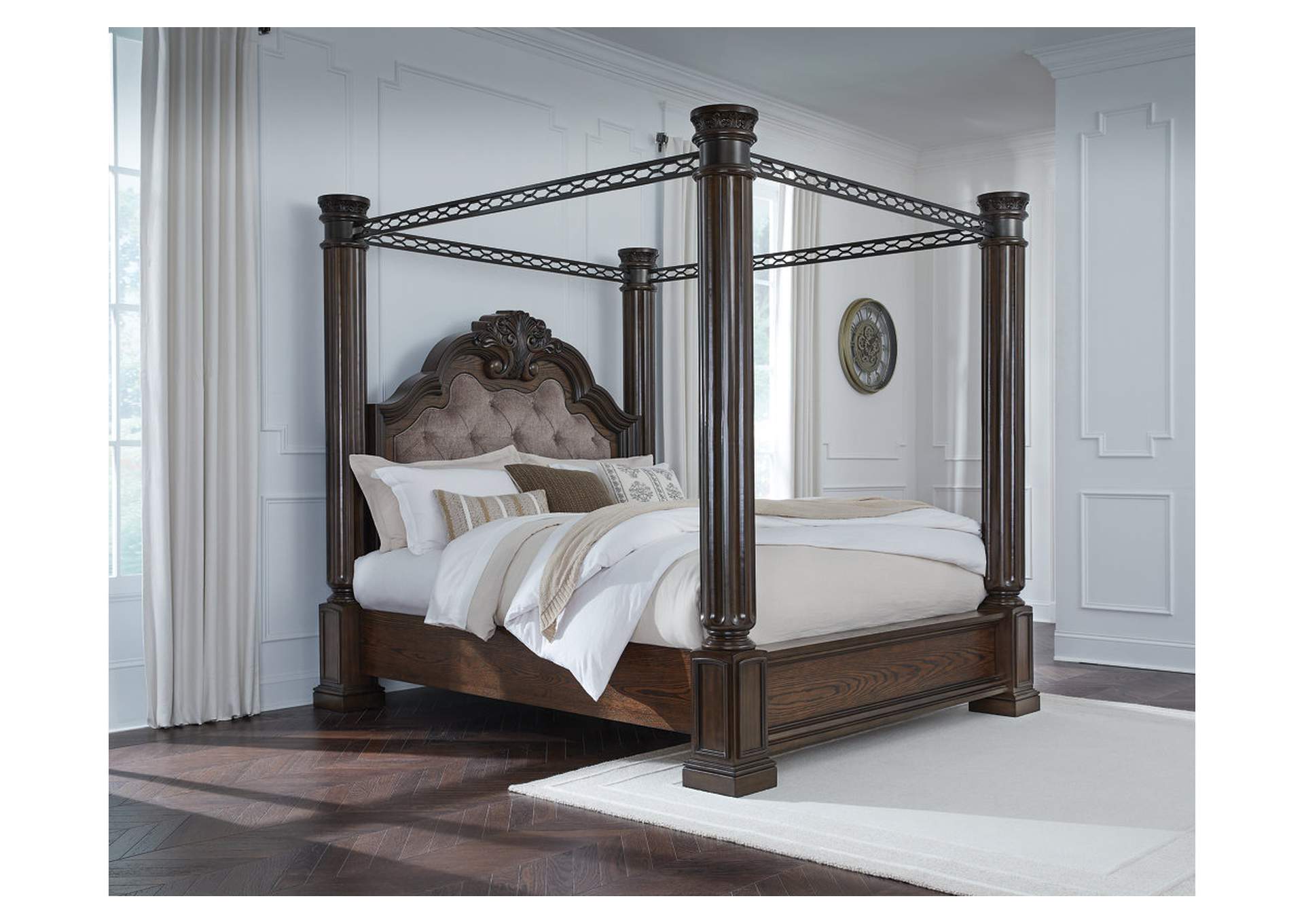 Maylee King Canopy Bed with Mirrored Dresser, Chest and Nightstand image 5