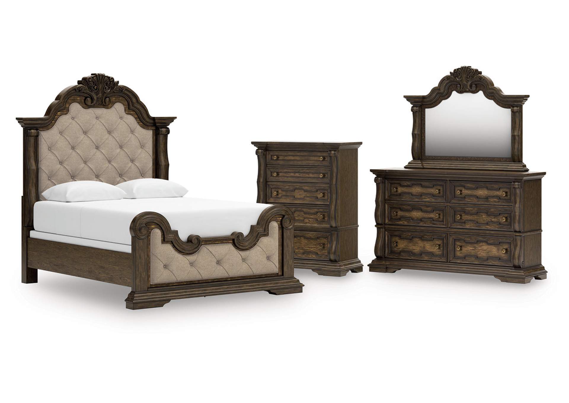 Maylee Queen Upholstered Bed with Mirrored Dresser and Chest image 1