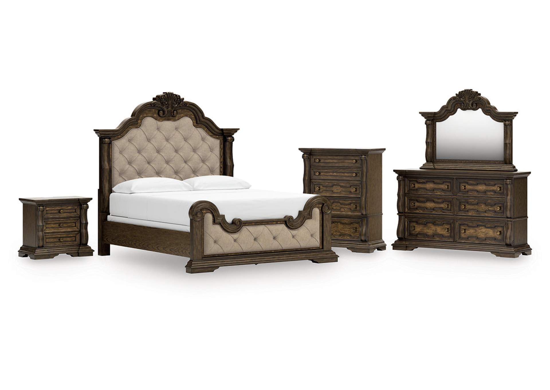 Maylee California King Upholstered Bed with Mirrored Dresser, Chest and Nightstand image 1