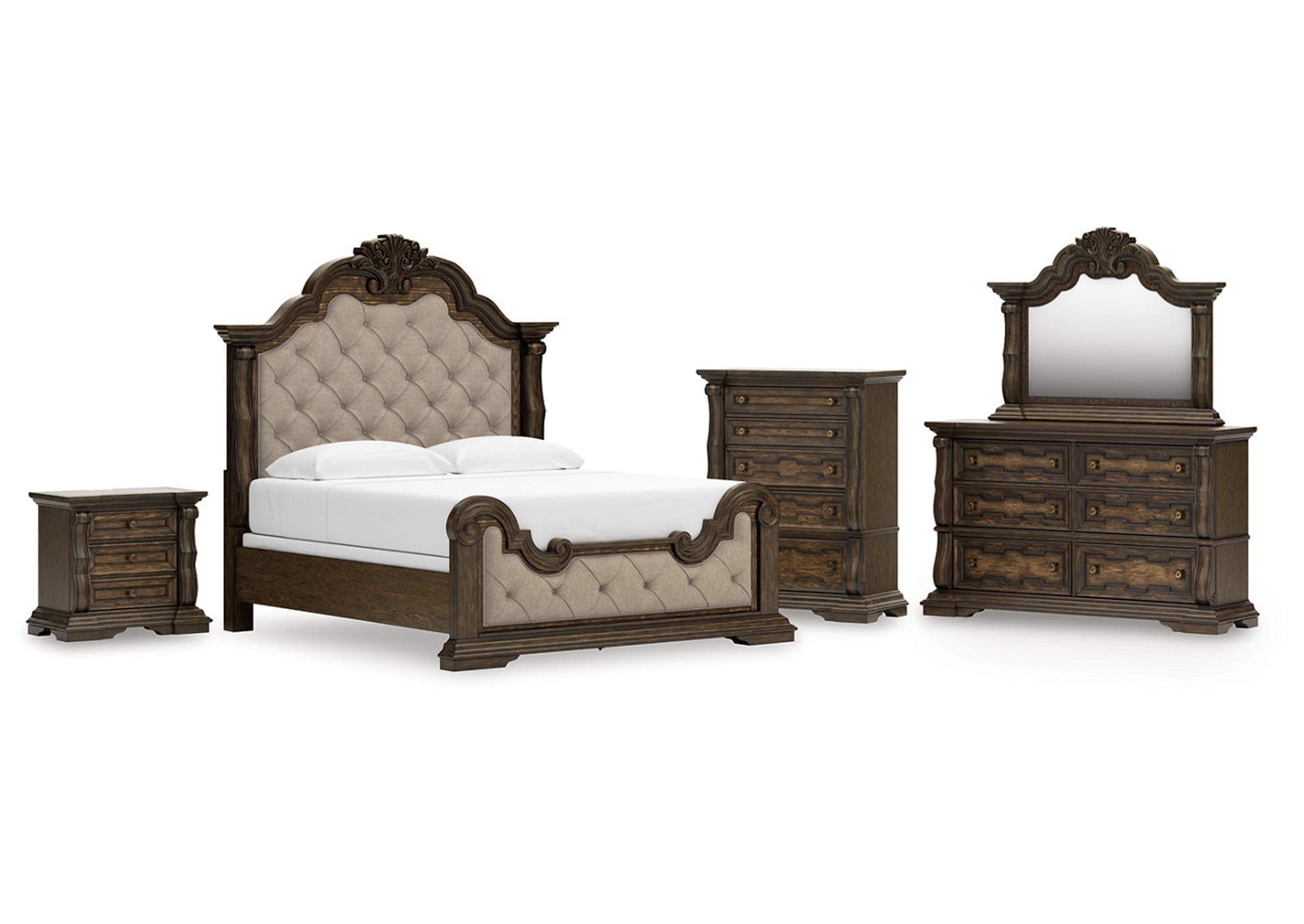 Maylee King Upholstered Bed with Mirrored Dresser, Chest and Nightstand image 1