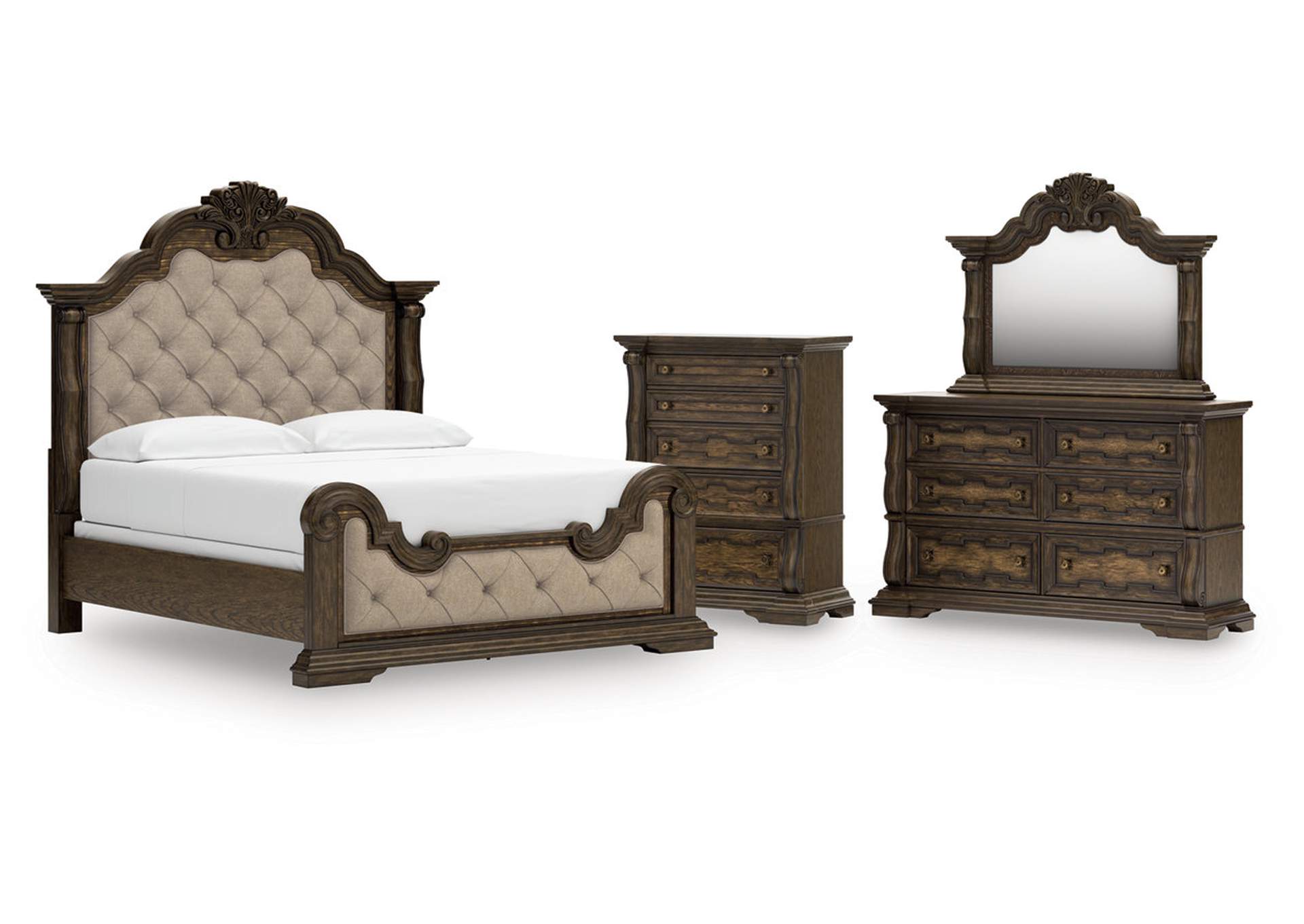 Maylee California King Upholstered Bed with Mirrored Dresser and Chest image 1