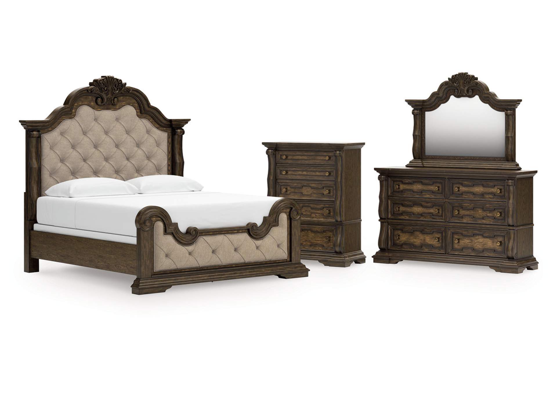 Maylee King Upholstered Bed with Mirrored Dresser and Chest image 1