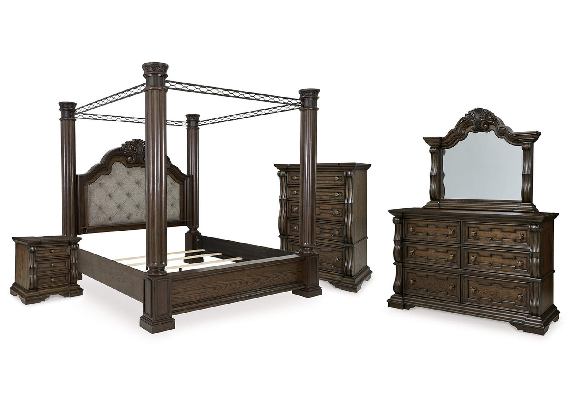 Maylee King Canopy Bed with Mirrored Dresser, Chest and Nightstand image 1