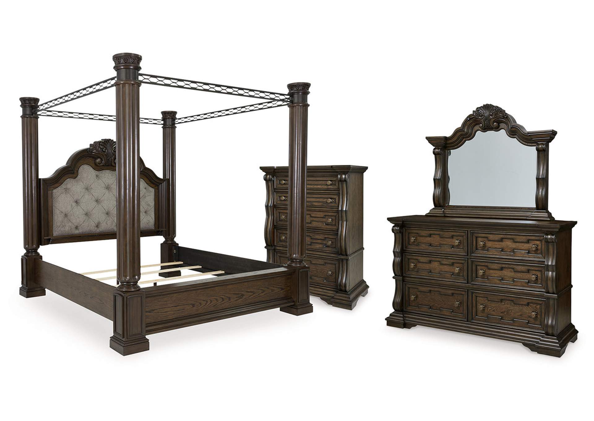 Maylee King Canopy Bed with Mirrored Dresser and Chest image 1