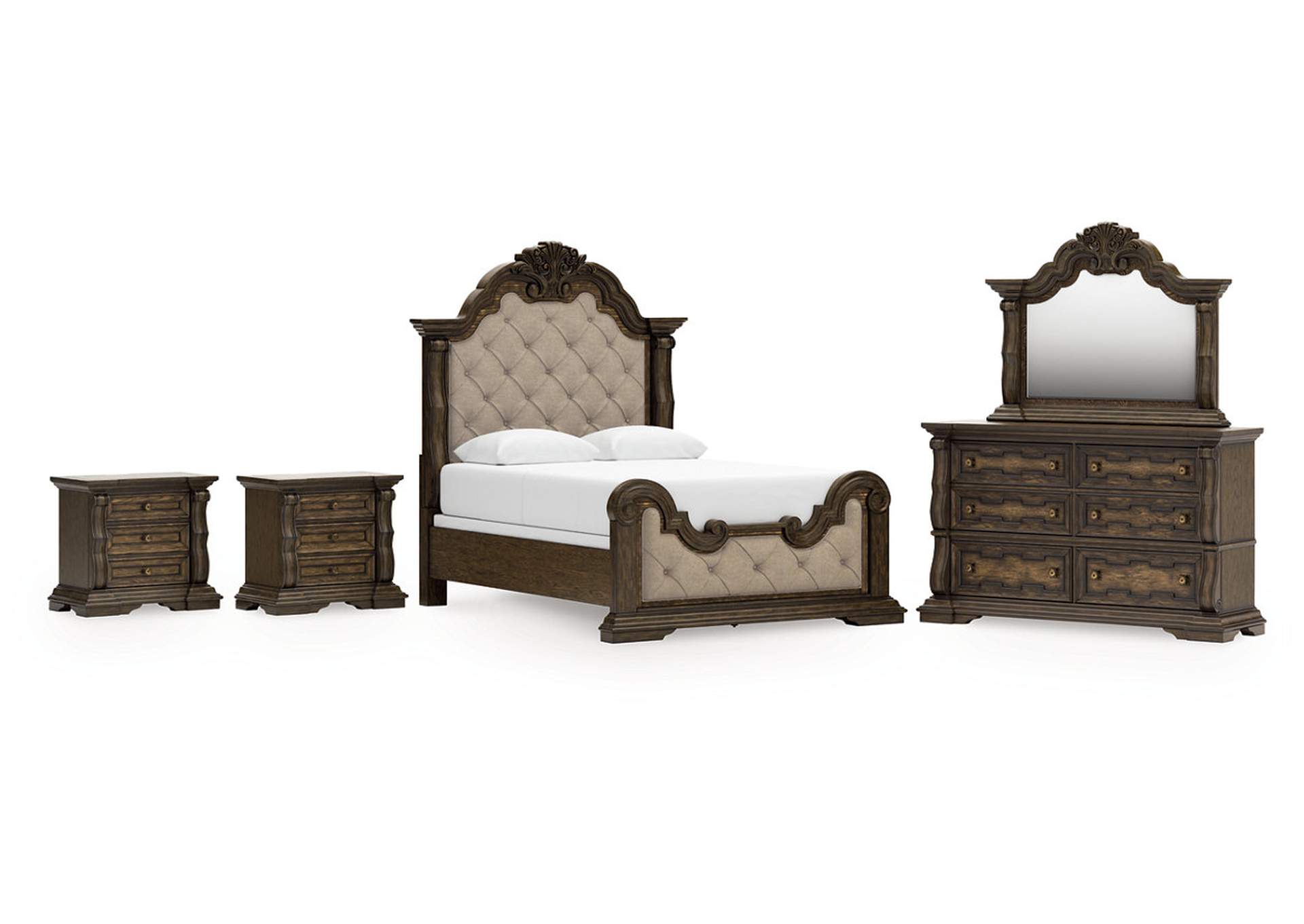 Maylee Queen Upholstered Bed, Dresser, Mirror and 2 Nightstands image 1