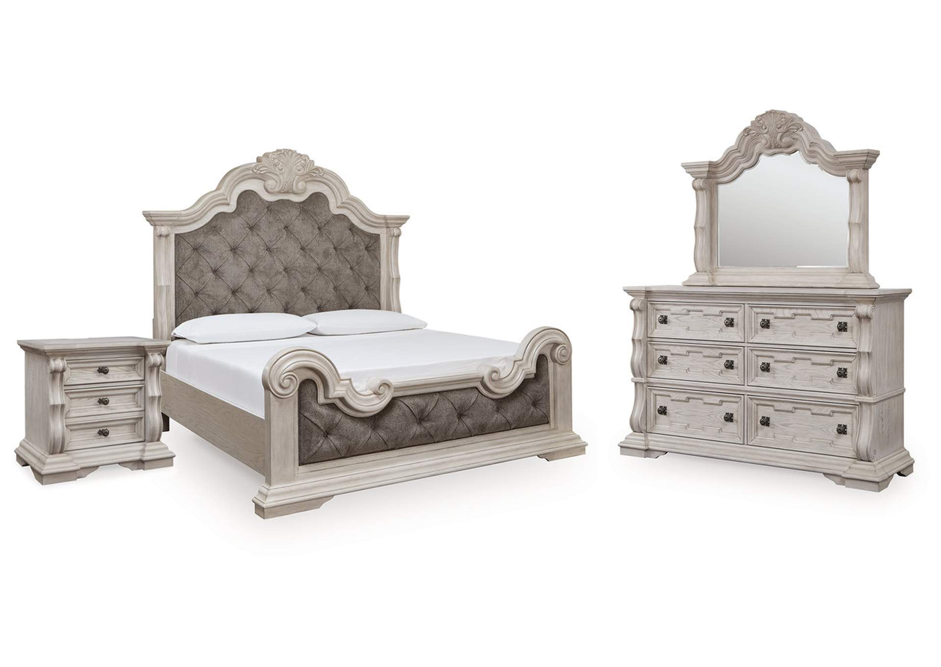 Andonhall King Upholstered Panel Bed with Mirrored Dresser and Nightstand image 1