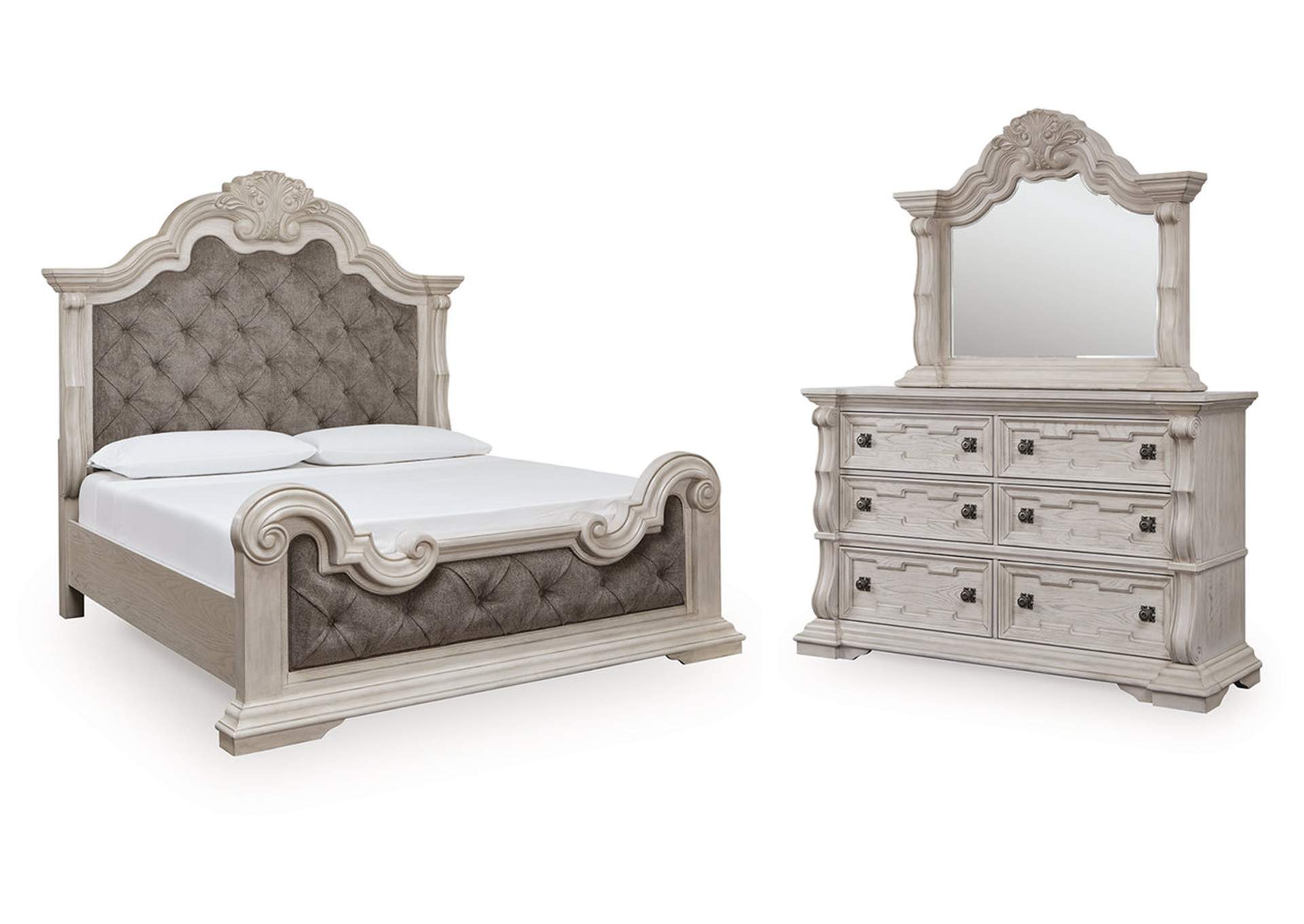 Andonhall California King Upholstered Panel Bed with Mirrored Dresser image 1
