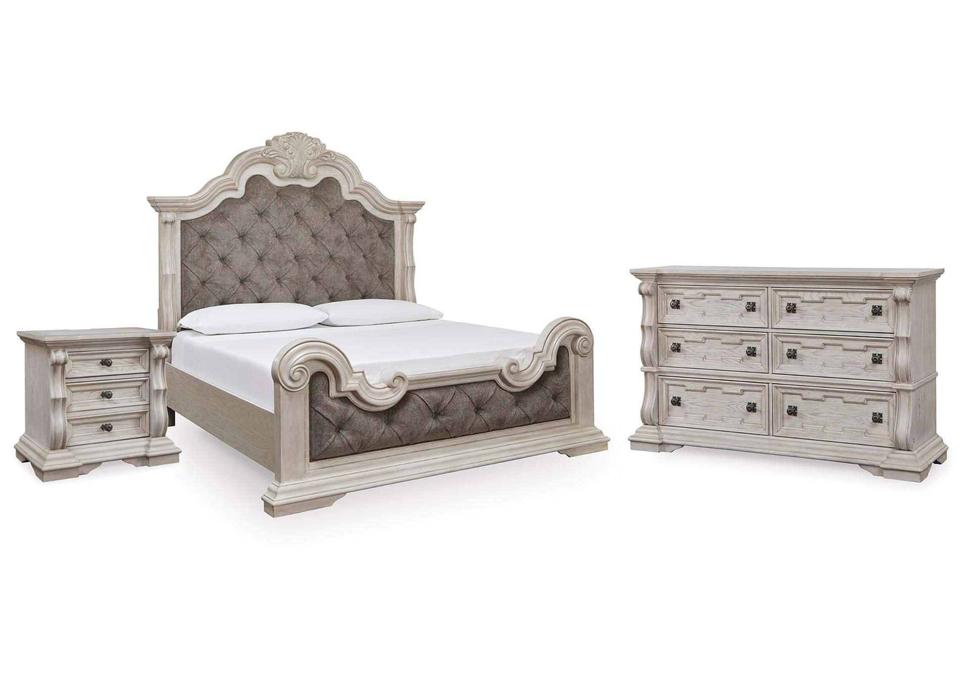 Andonhall California King Upholstered Panel Bed with Dresser and Nightstand image 1