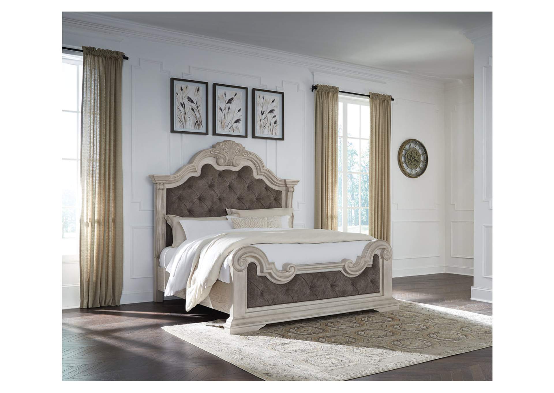 Andonhall California King Upholstered Panel Bed with Mirrored Dresser and Nightstand image 13