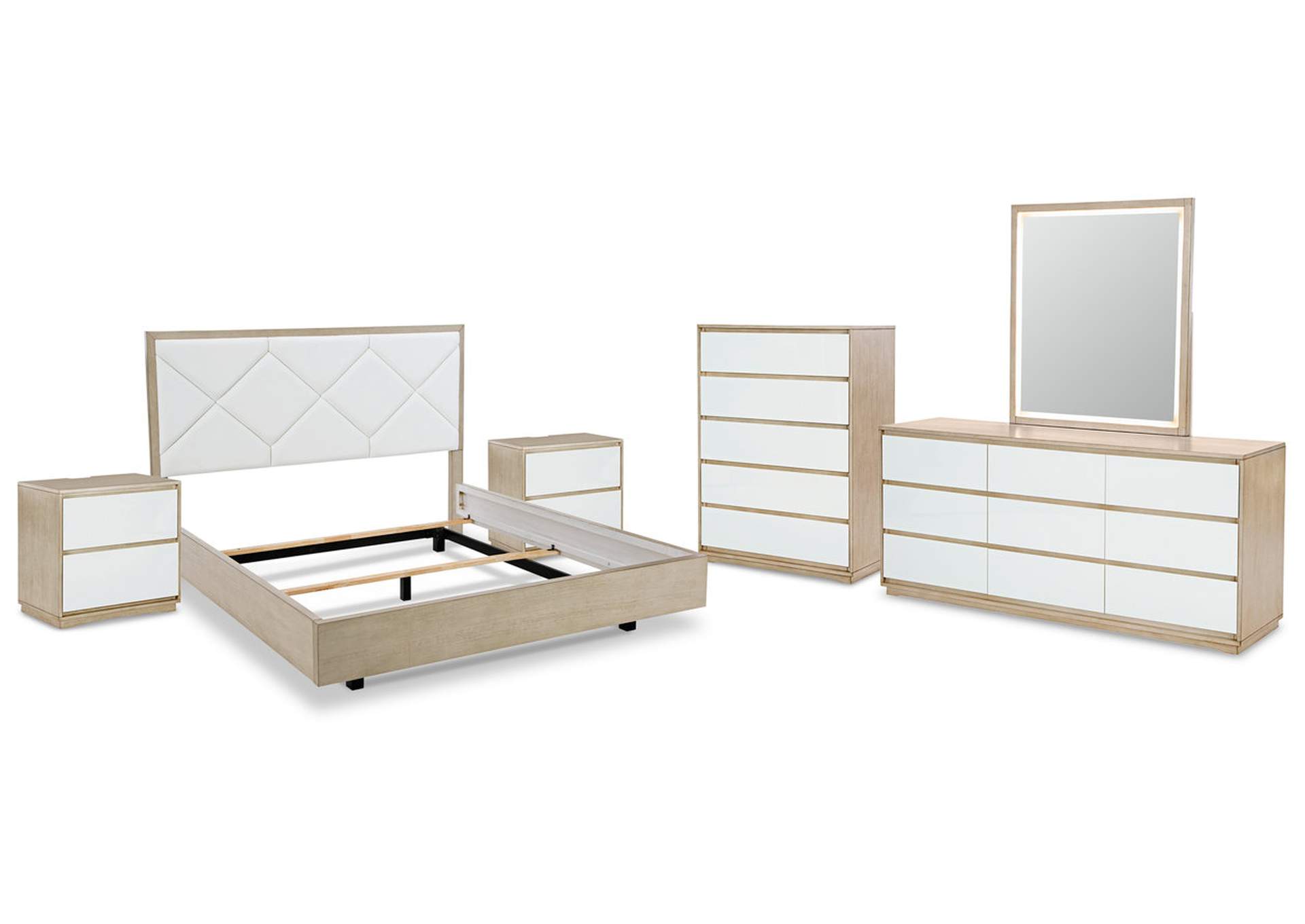 Wendora California King Upholstered Bed with Mirrored Dresser, Chest and 2 Nightstands