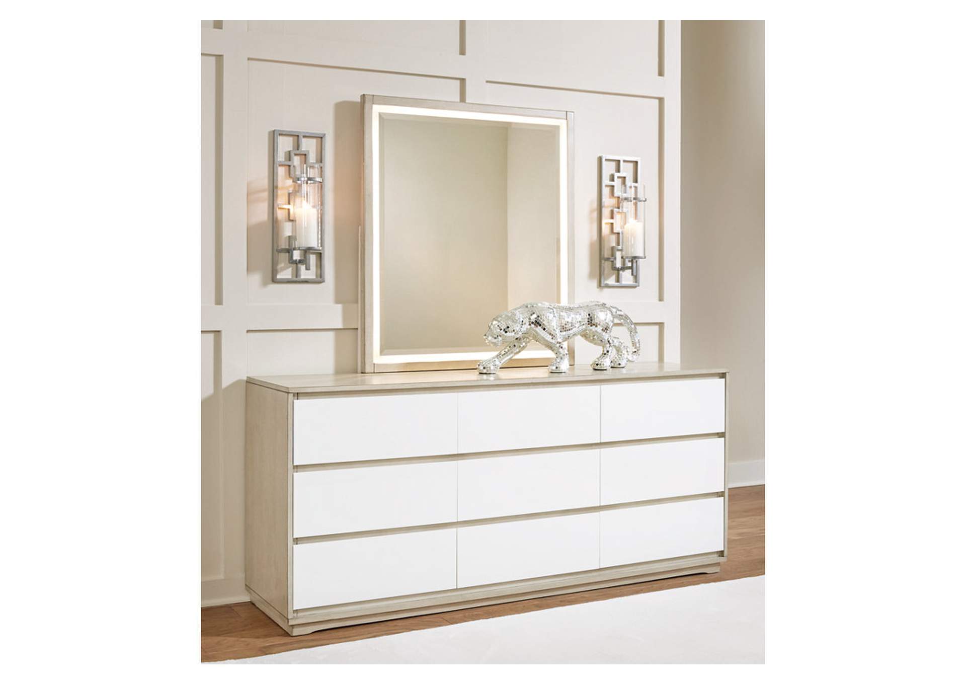 Wendora King Upholstered Bed with Mirrored Dresser and Chest