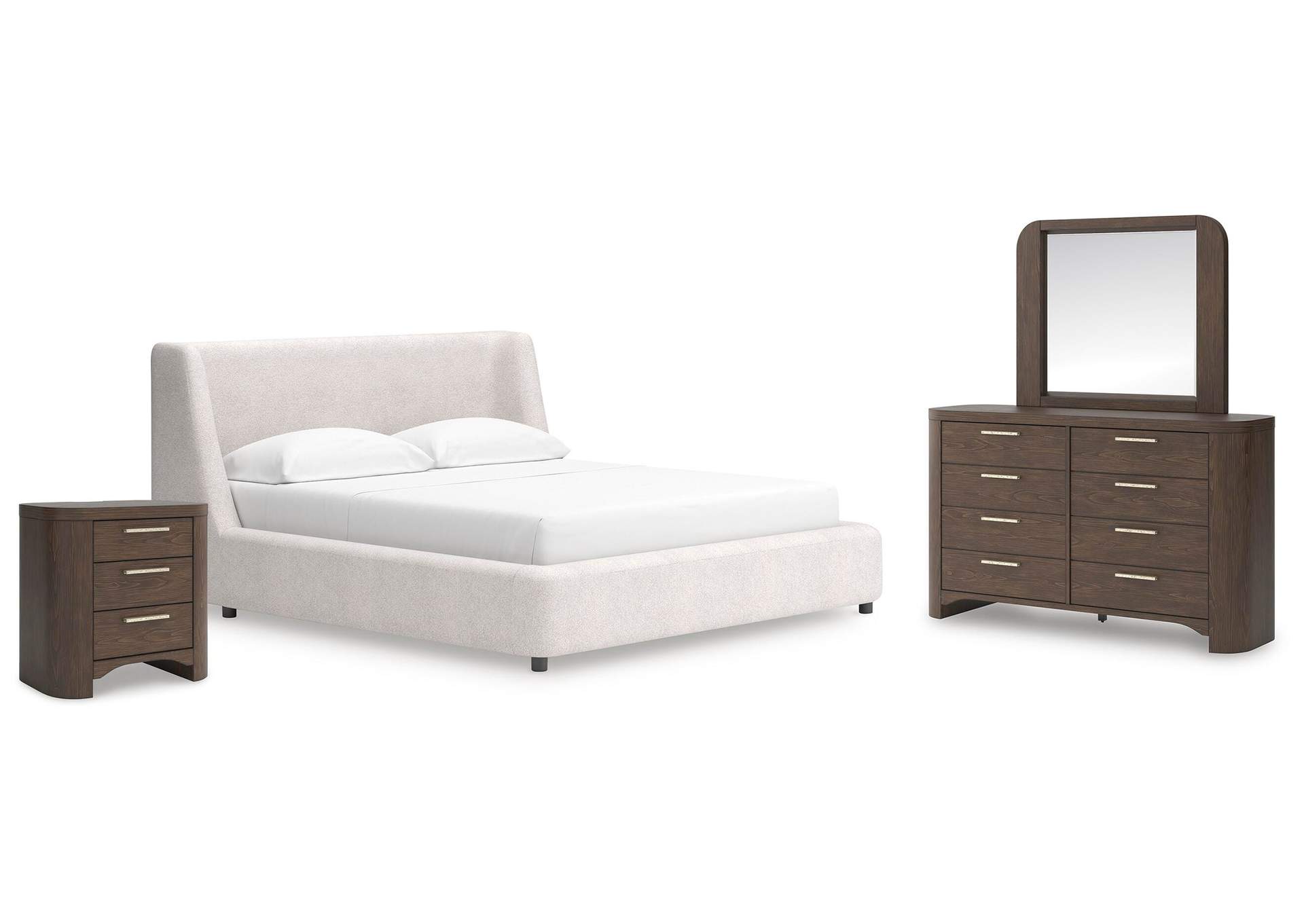 Neo California King Upholstered Platform Bed, Dresser, Mirror and Nightstand